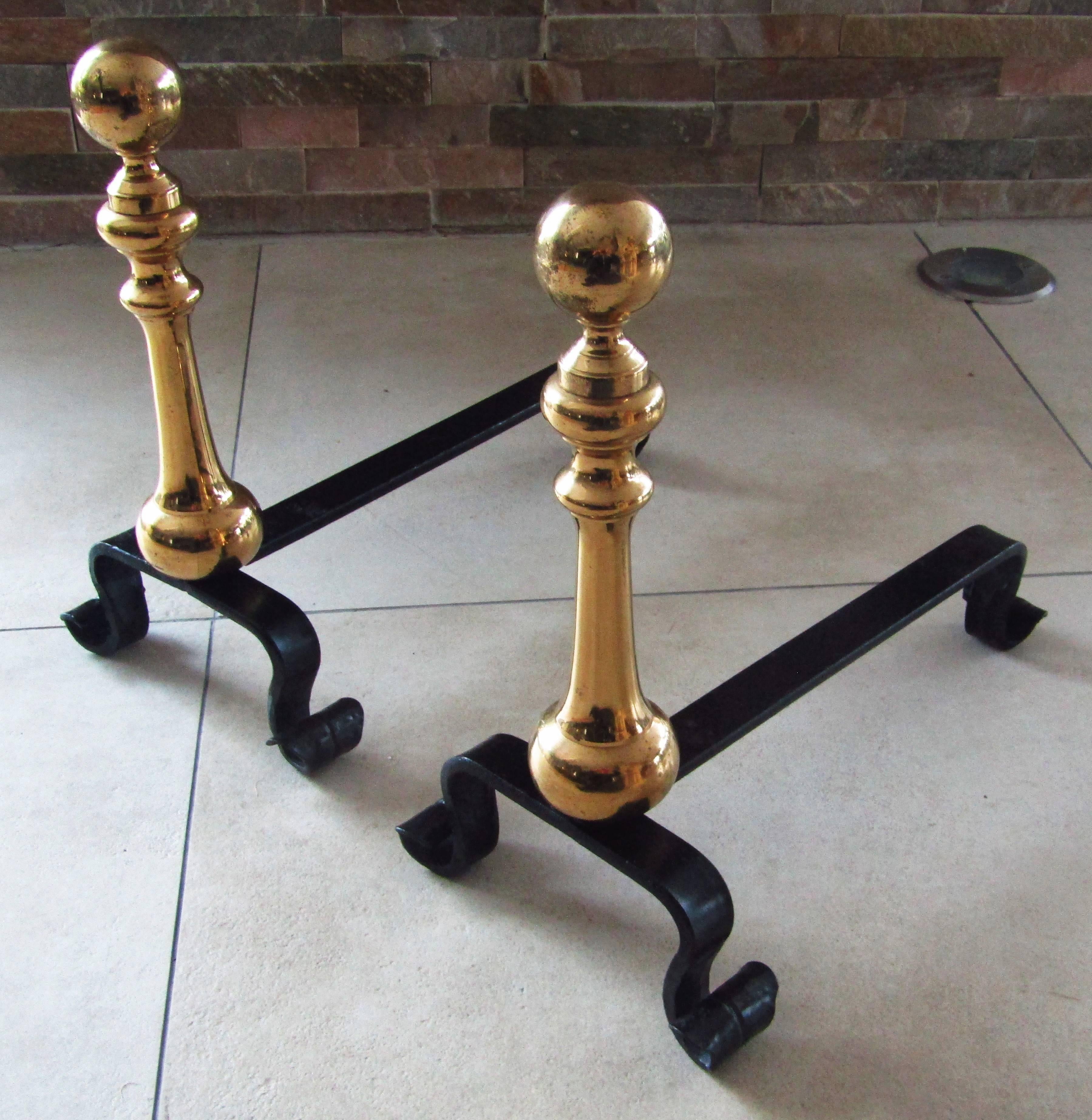 French Pair of Wrought Iron and Brass Andirons, France, 1890