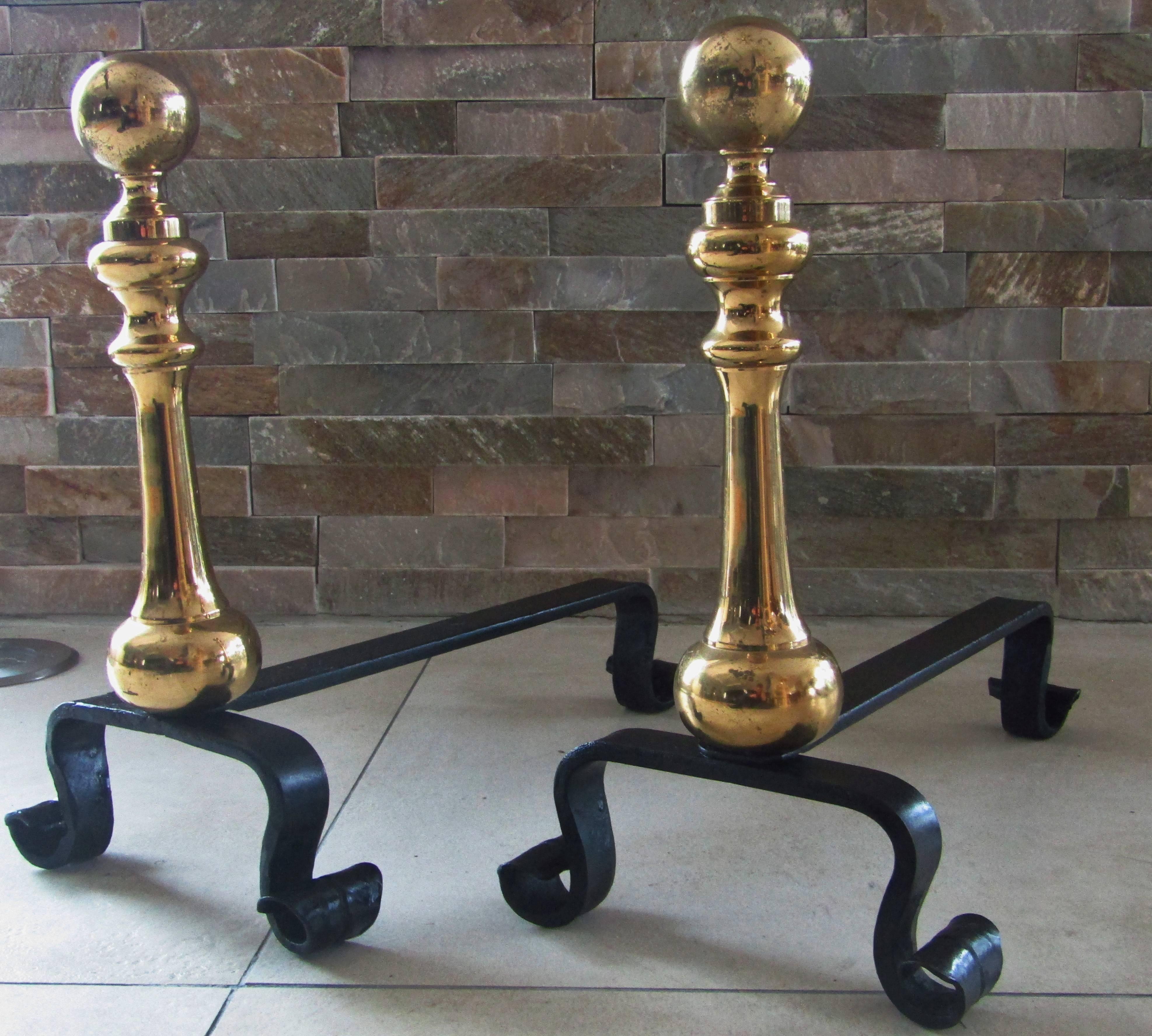 Late 19th Century Pair of Wrought Iron and Brass Andirons, France, 1890