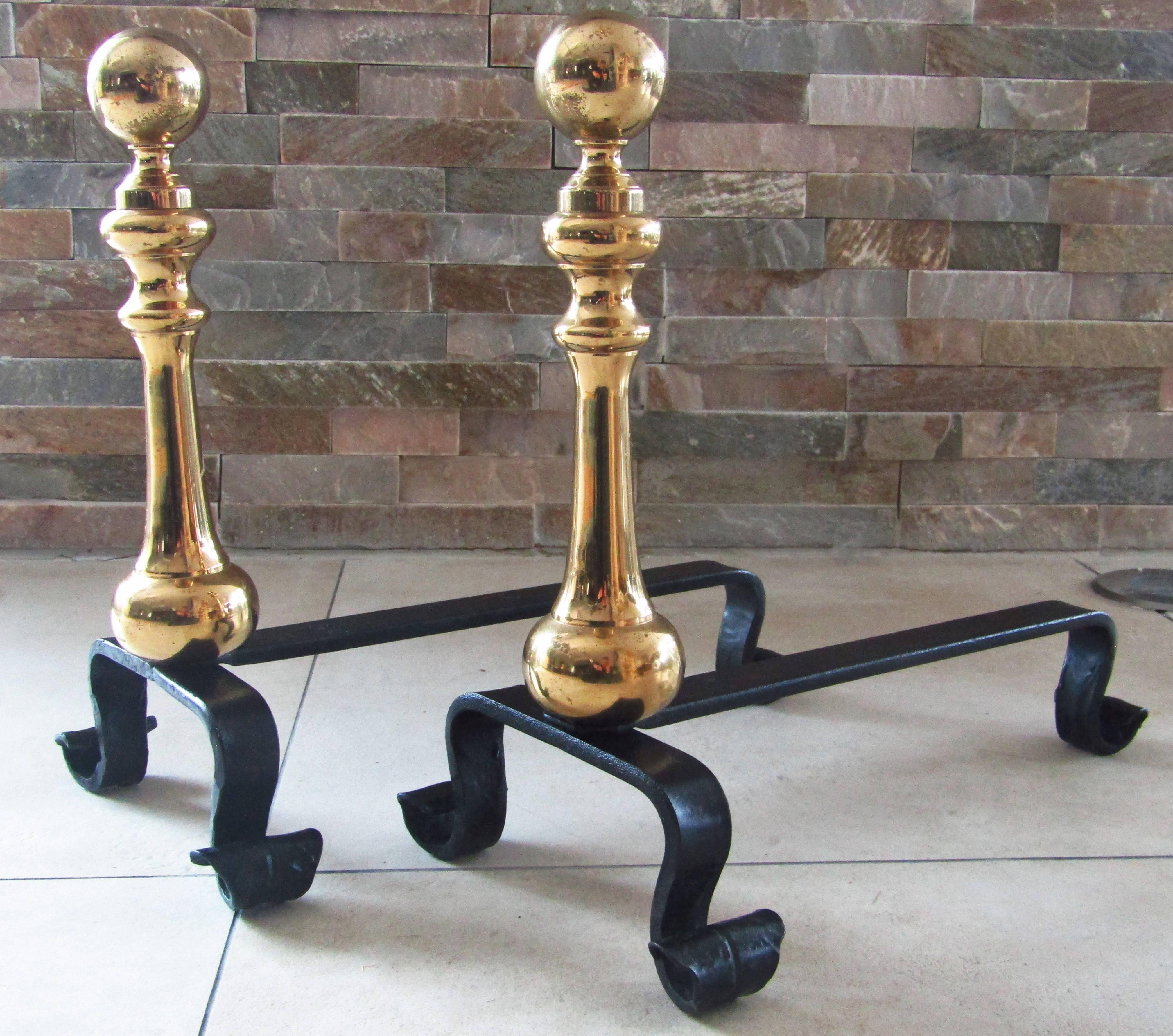 Pair of Wrought Iron and Brass Andirons, France, 1890 (Messing)