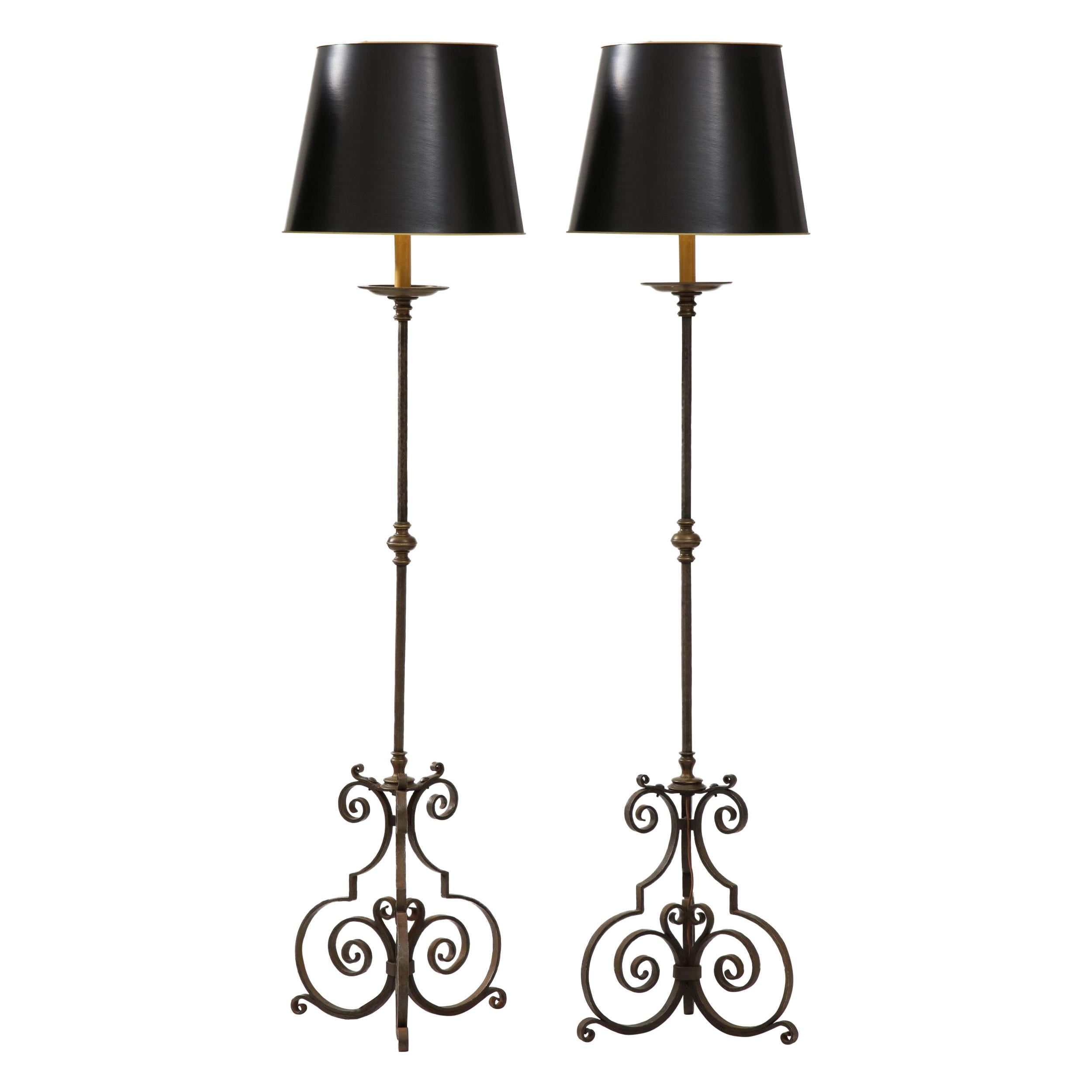 Pair of Wrought Iron and Brass Floor Lamps