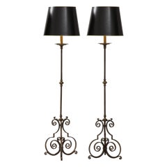 Antique Pair of Wrought Iron and Brass Floor Lamps