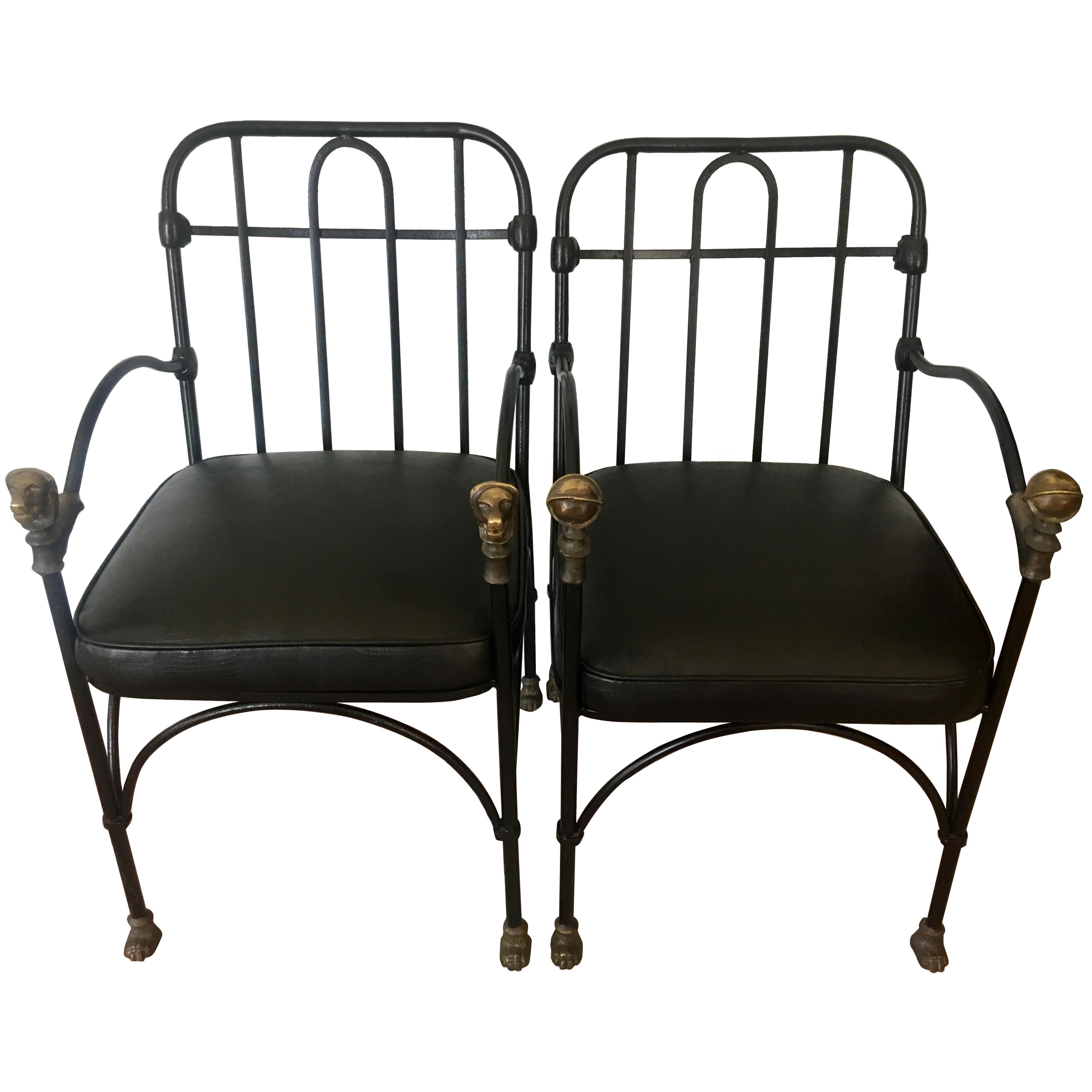 Pair of wrought iron and bronze chairs after Giacometti - A handsome pair of chairs in the Manner of Giacometti - each chair has bronze details, however one is a spherical shape and the other a dog (see image details) both have the same style feet.