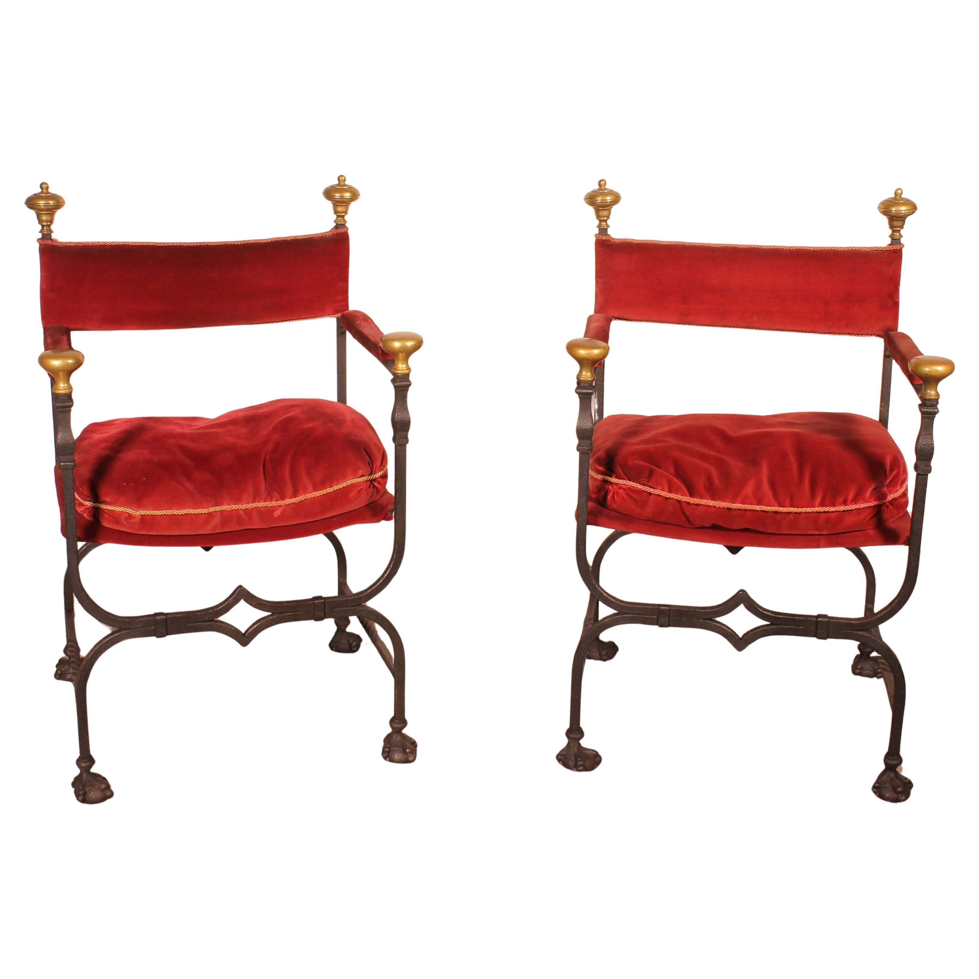 Pair Of Wrought Iron And Bronze Curule Armchairs