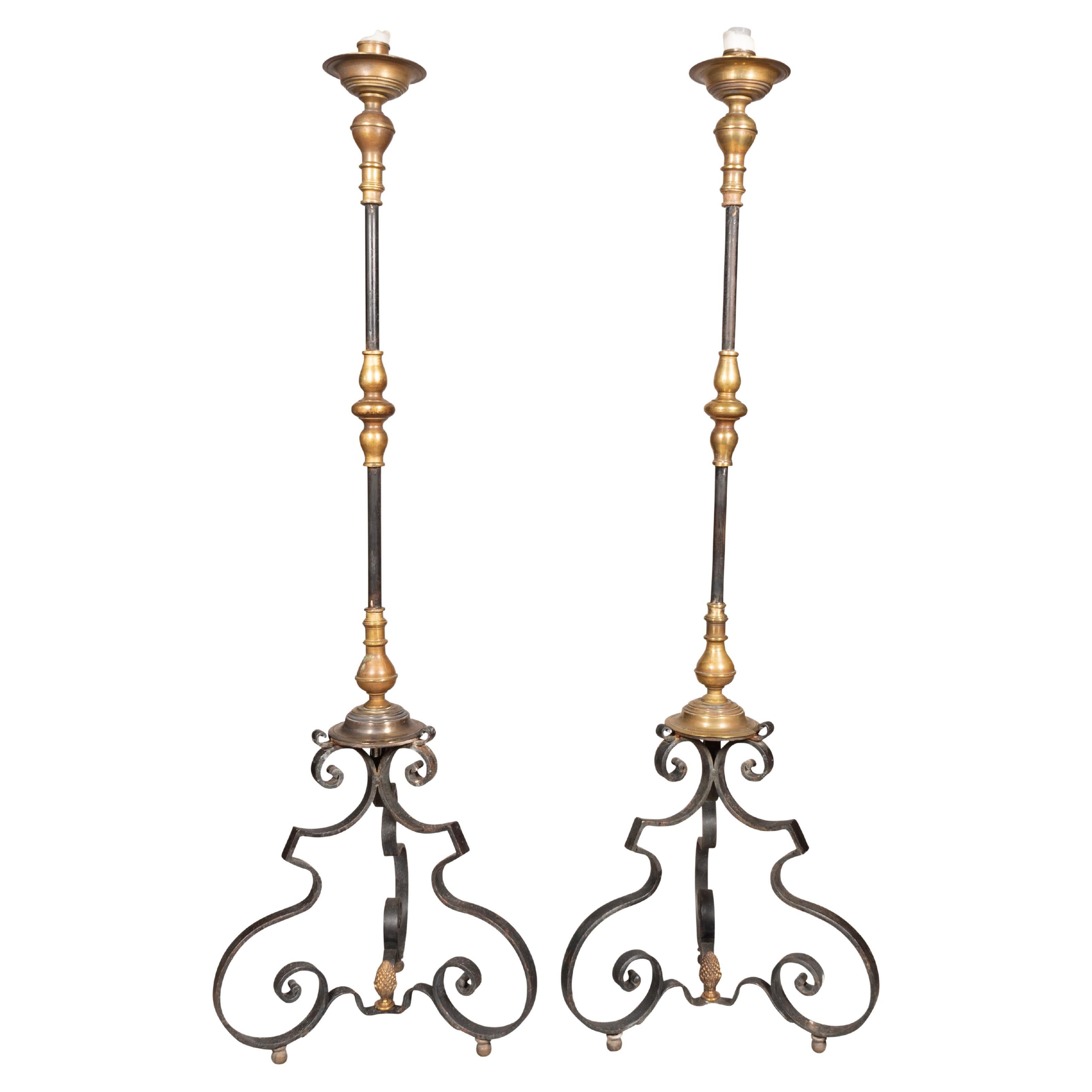 Pair Of Wrought Iron And Bronze Torcheres For Sale