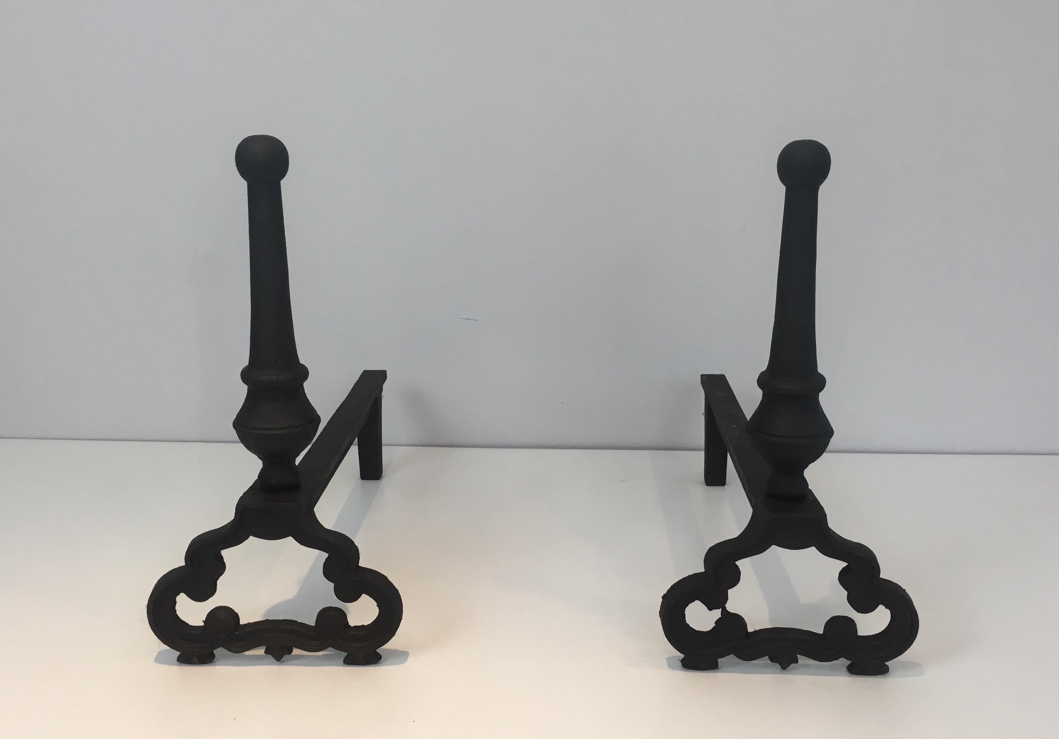 Pair of Wrought Iron and Cast Iron Andirons, French, circa 1940 12