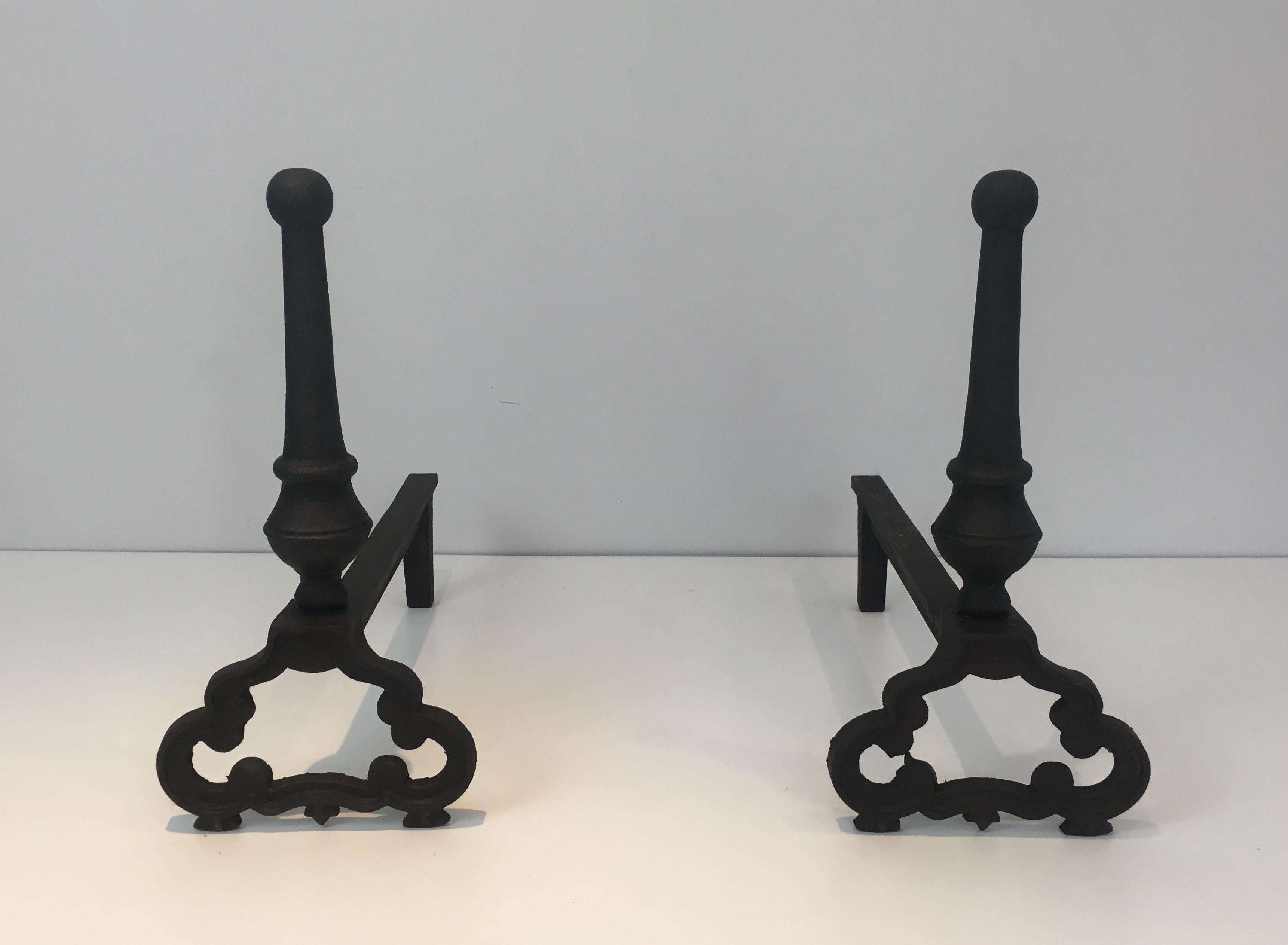 Mid-Century Modern Pair of Wrought Iron and Cast Iron Andirons, French, circa 1940