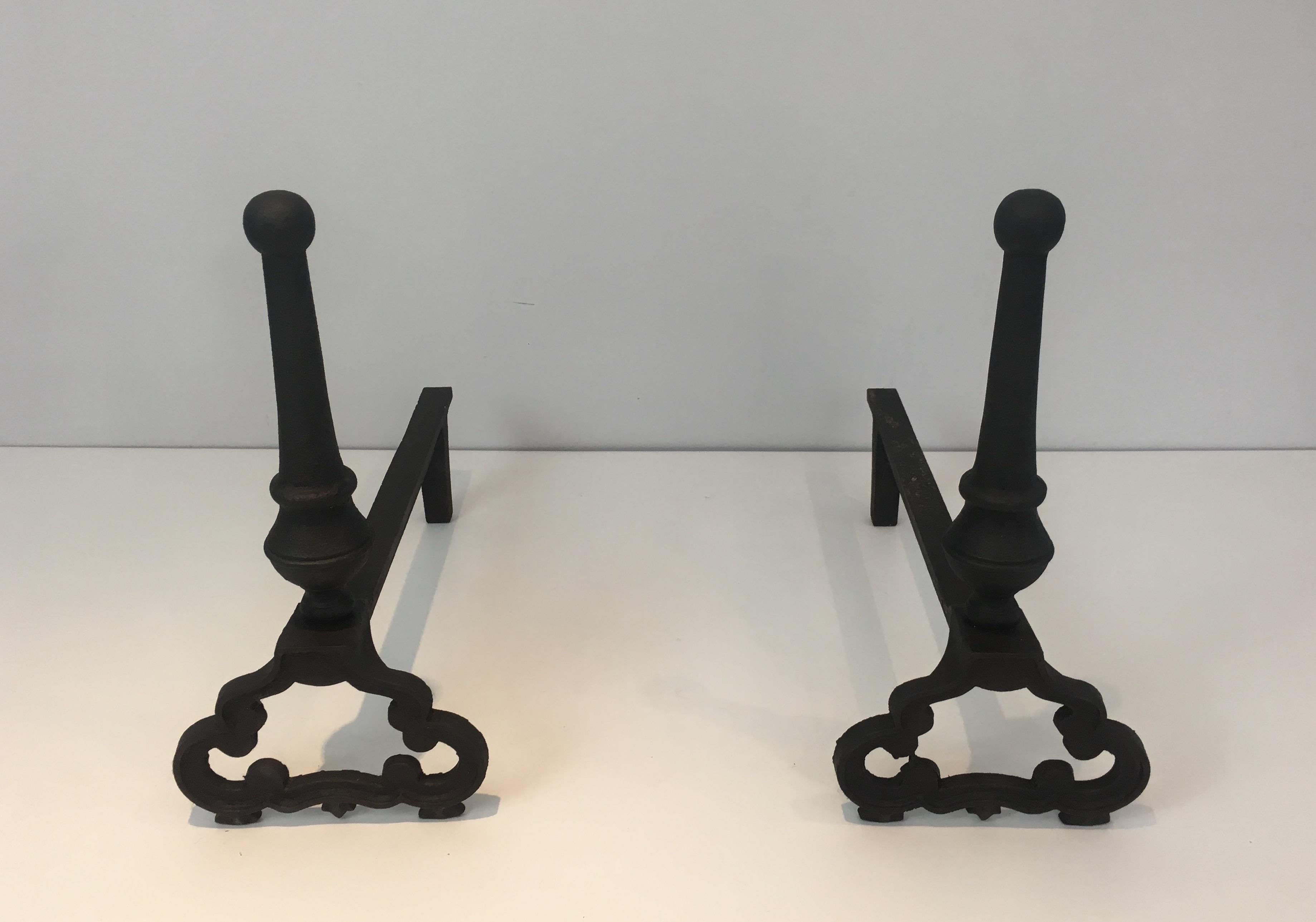 Mid-20th Century Pair of Wrought Iron and Cast Iron Andirons, French, circa 1940
