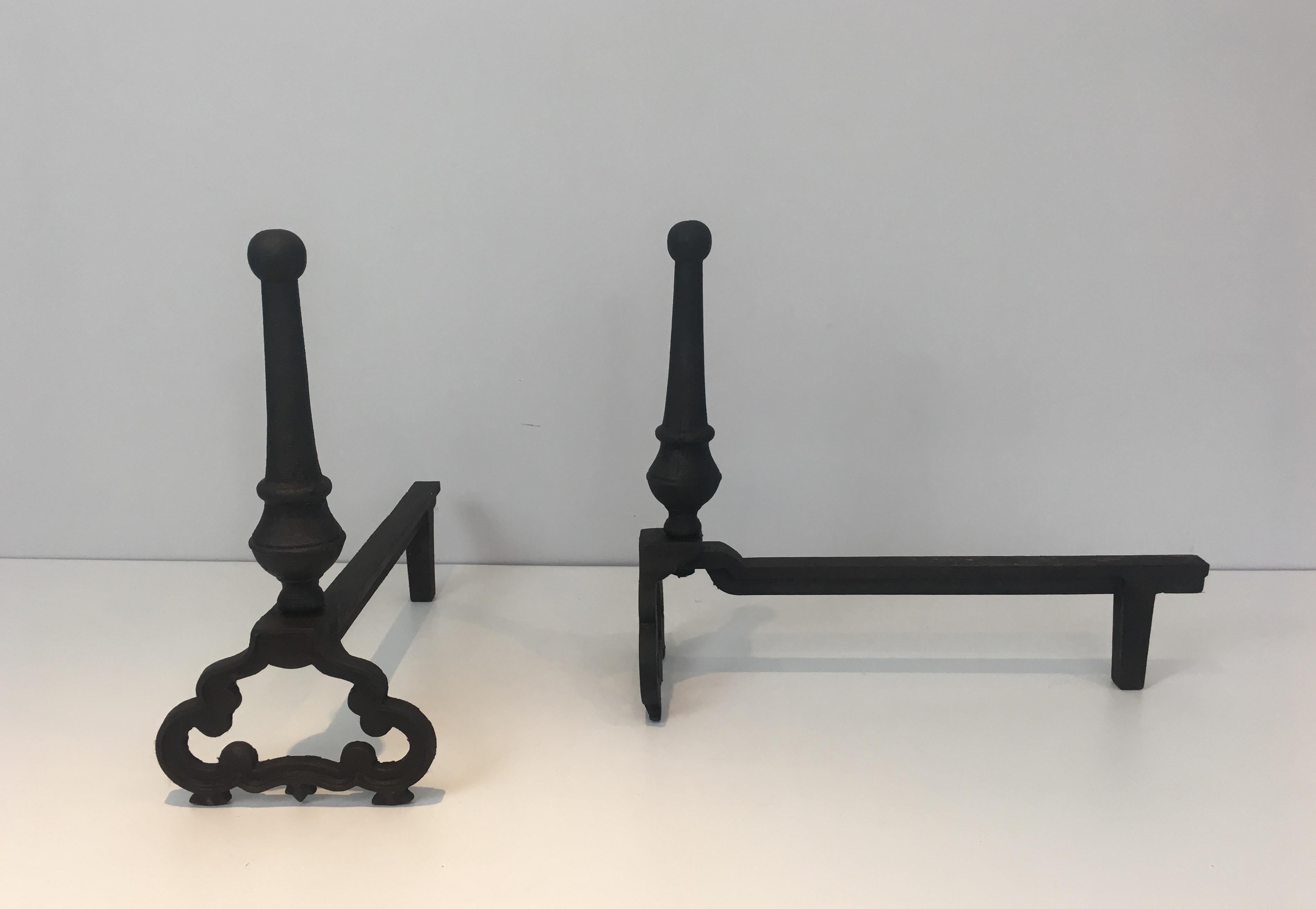 Pair of Wrought Iron and Cast Iron Andirons, French, circa 1940 1