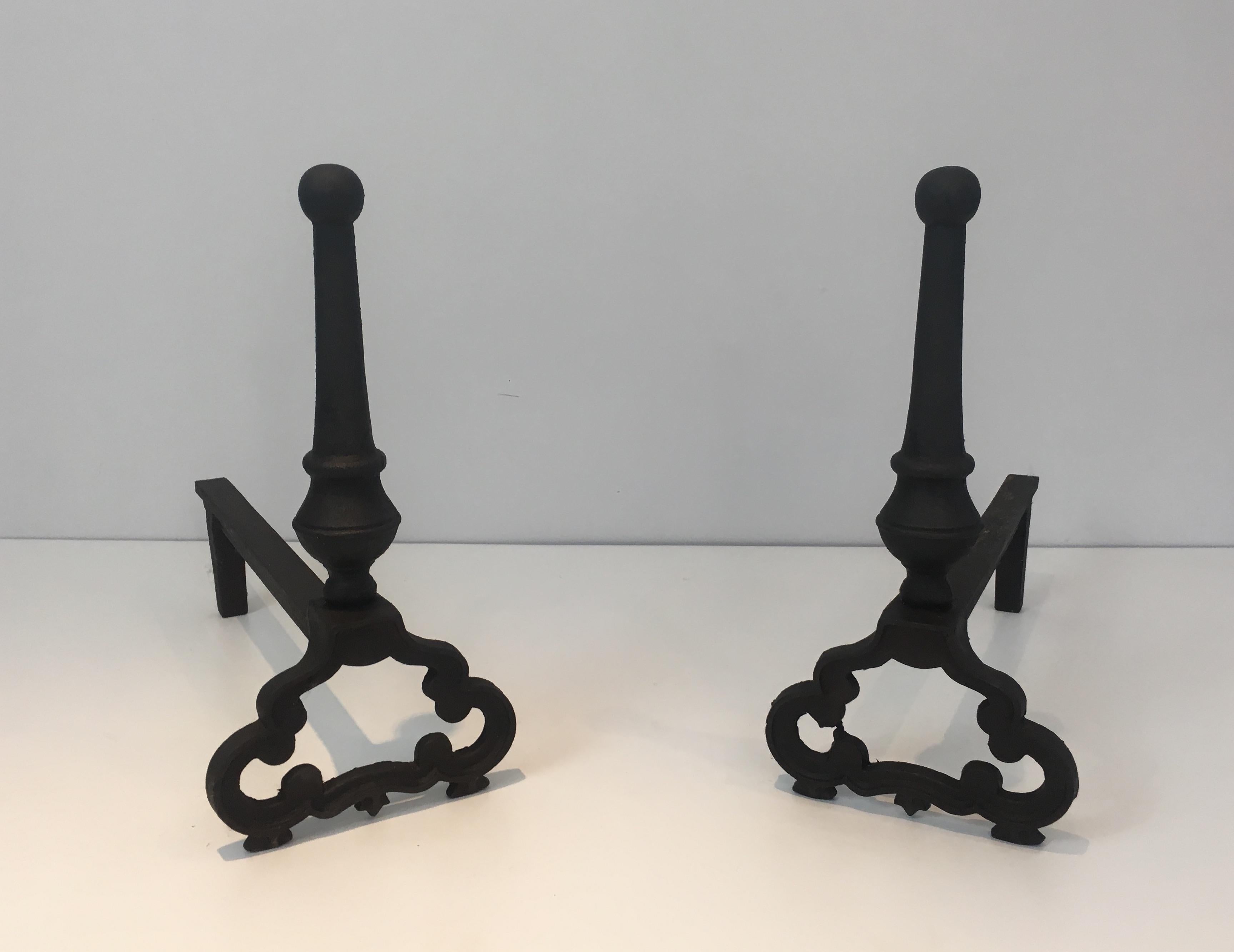 Pair of Wrought Iron and Cast Iron Andirons, French, circa 1940 2