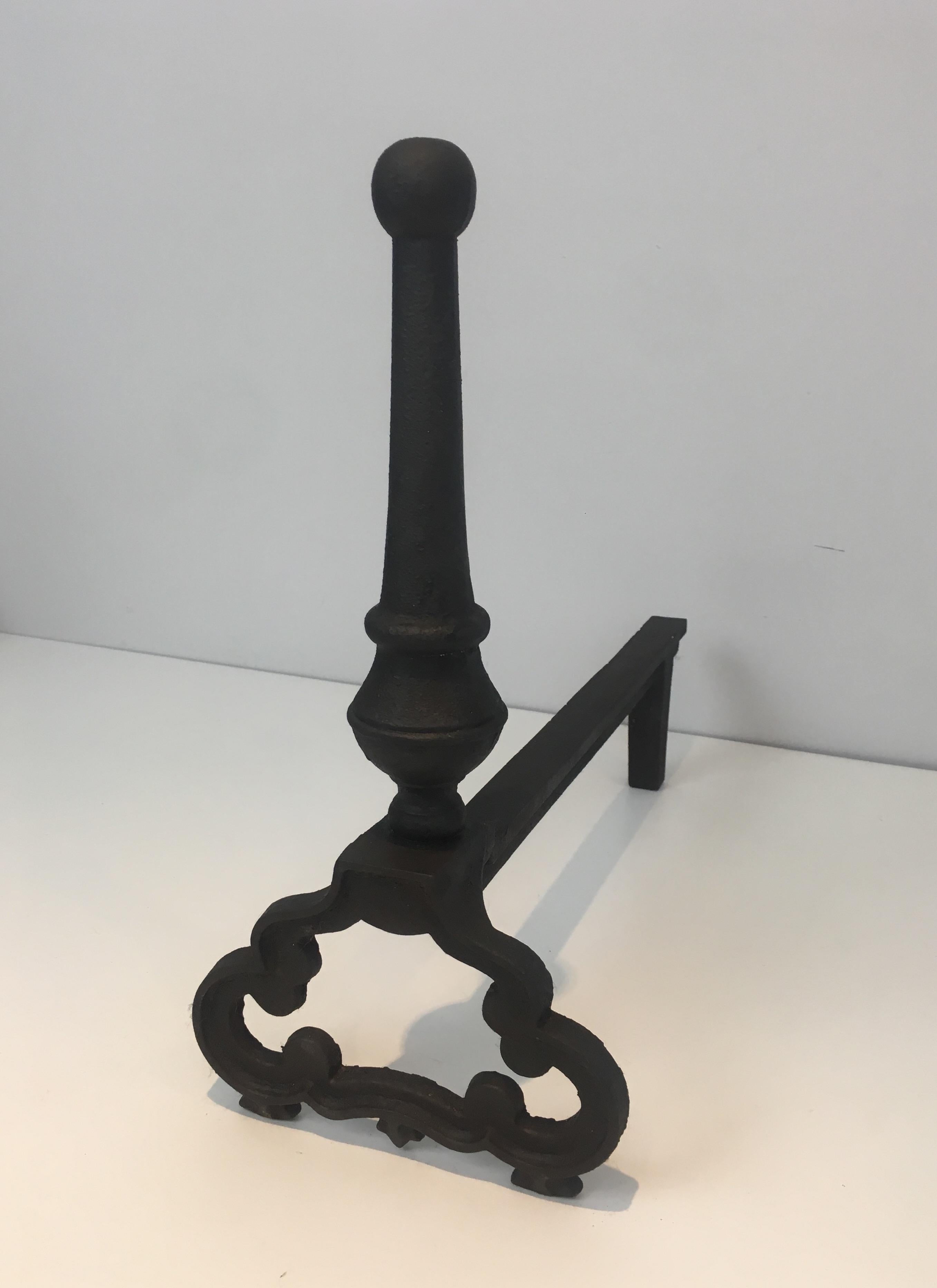 Pair of Wrought Iron and Cast Iron Andirons, French, circa 1940 3