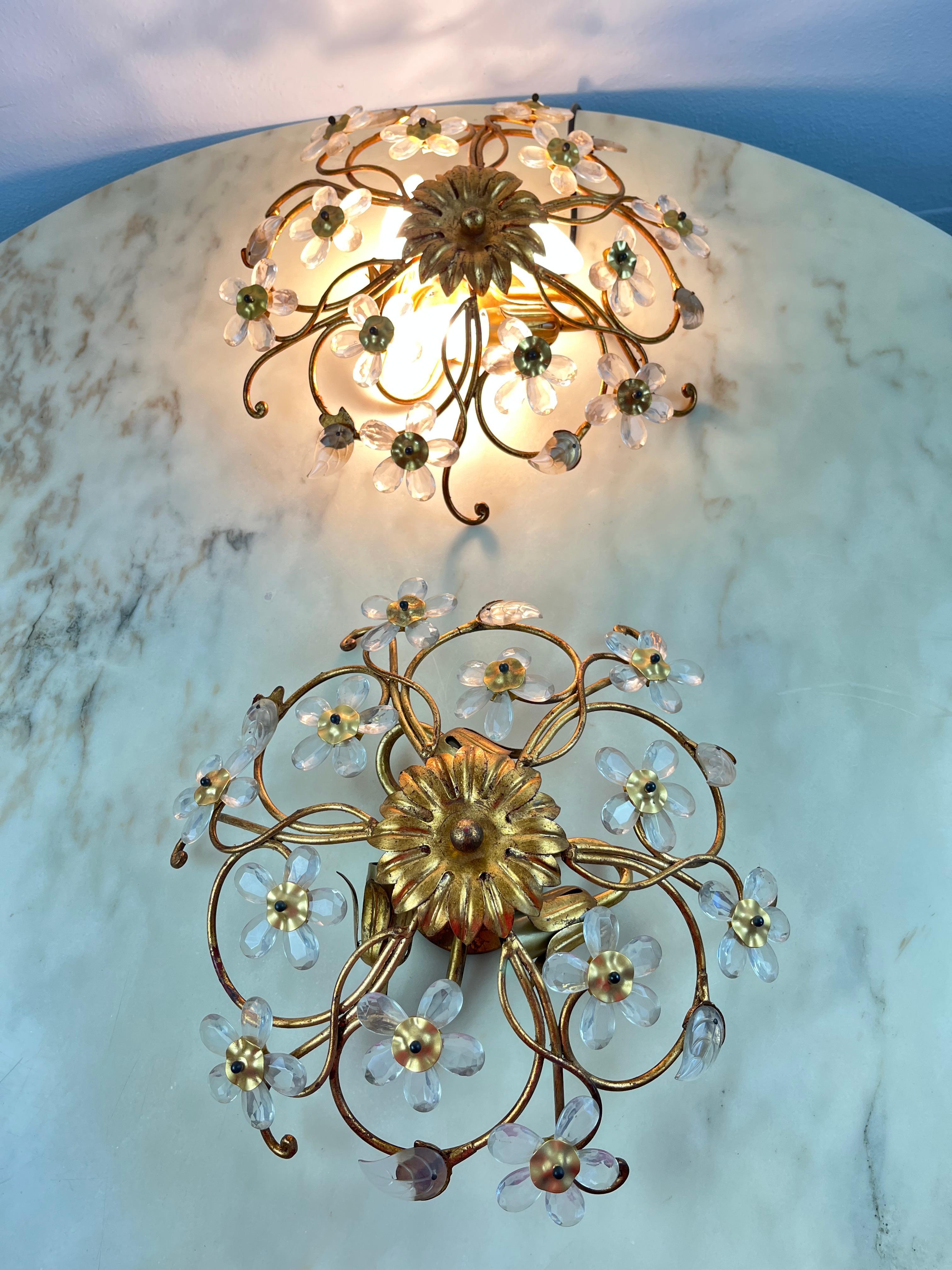 Pair of wrought iron and crystal ceiling lights, three lights, Italy, 1960s
Belonged to my grandparents. Intact and functional. Small signs of the time.