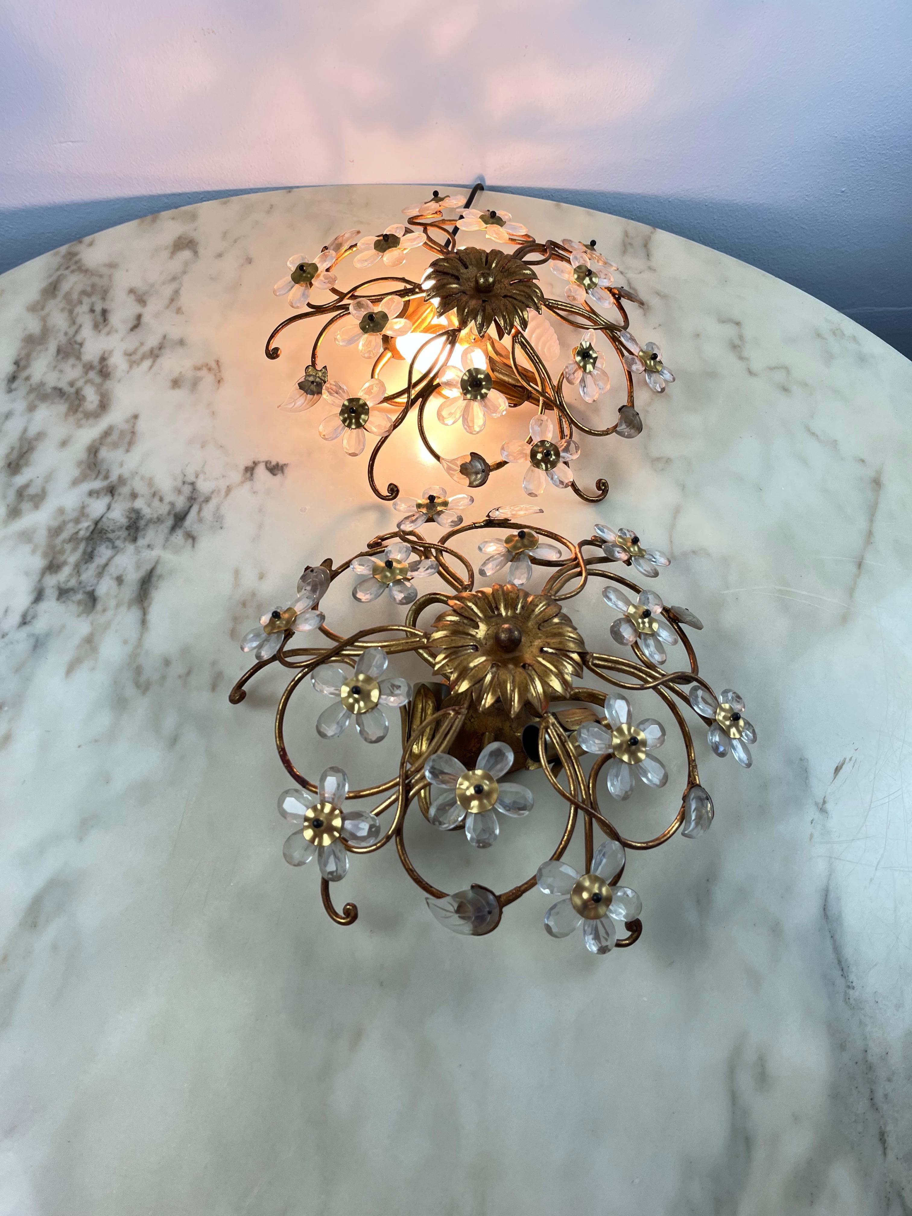 Italian Pair of Wrought Iron and Crystal Ceiling Lights, three lights, Italy, 1960s
