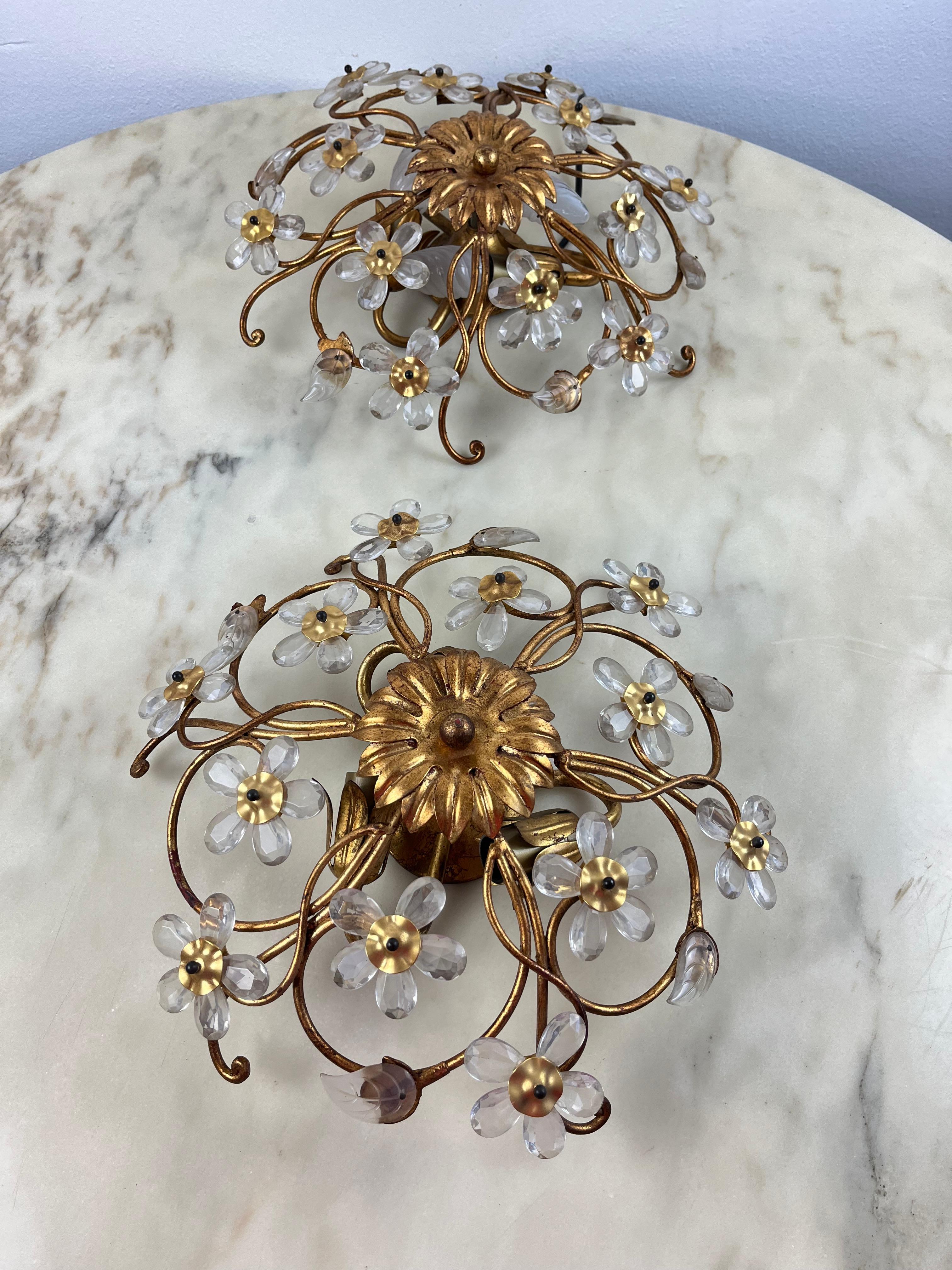 Pair of Wrought Iron and Crystal Ceiling Lights, three lights, Italy, 1960s In Good Condition In Palermo, IT