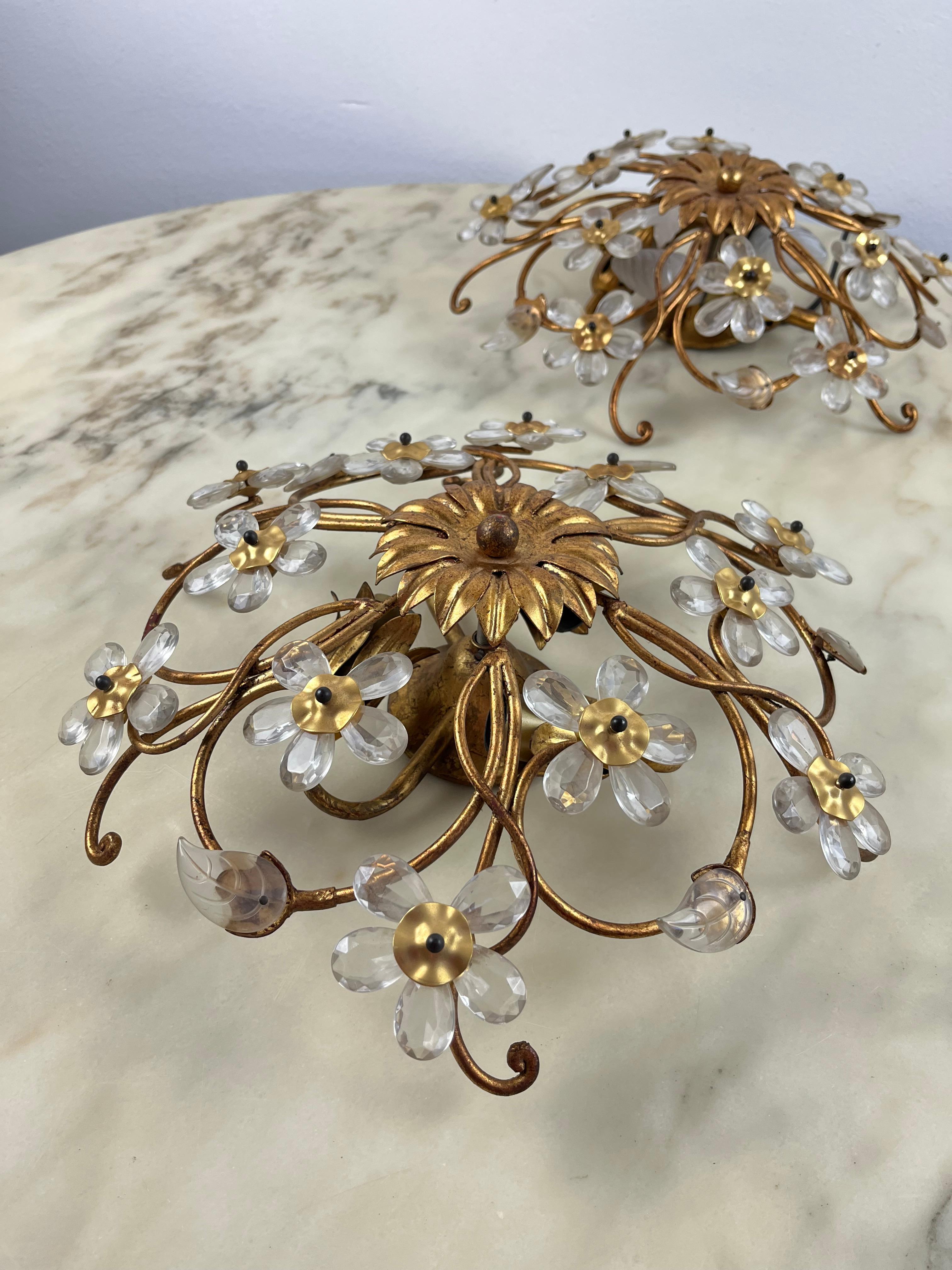 Mid-20th Century Pair of Wrought Iron and Crystal Ceiling Lights, three lights, Italy, 1960s