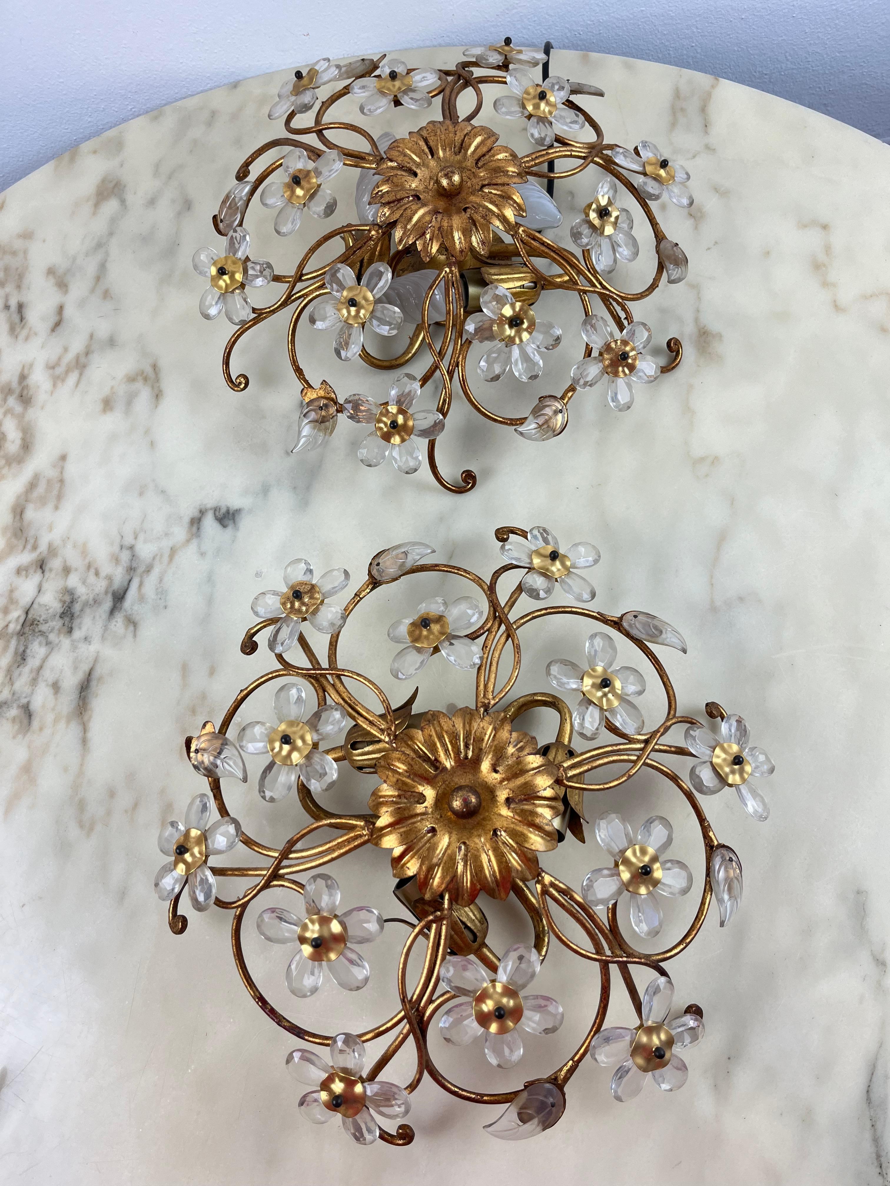 Glass Pair of Wrought Iron and Crystal Ceiling Lights, three lights, Italy, 1960s