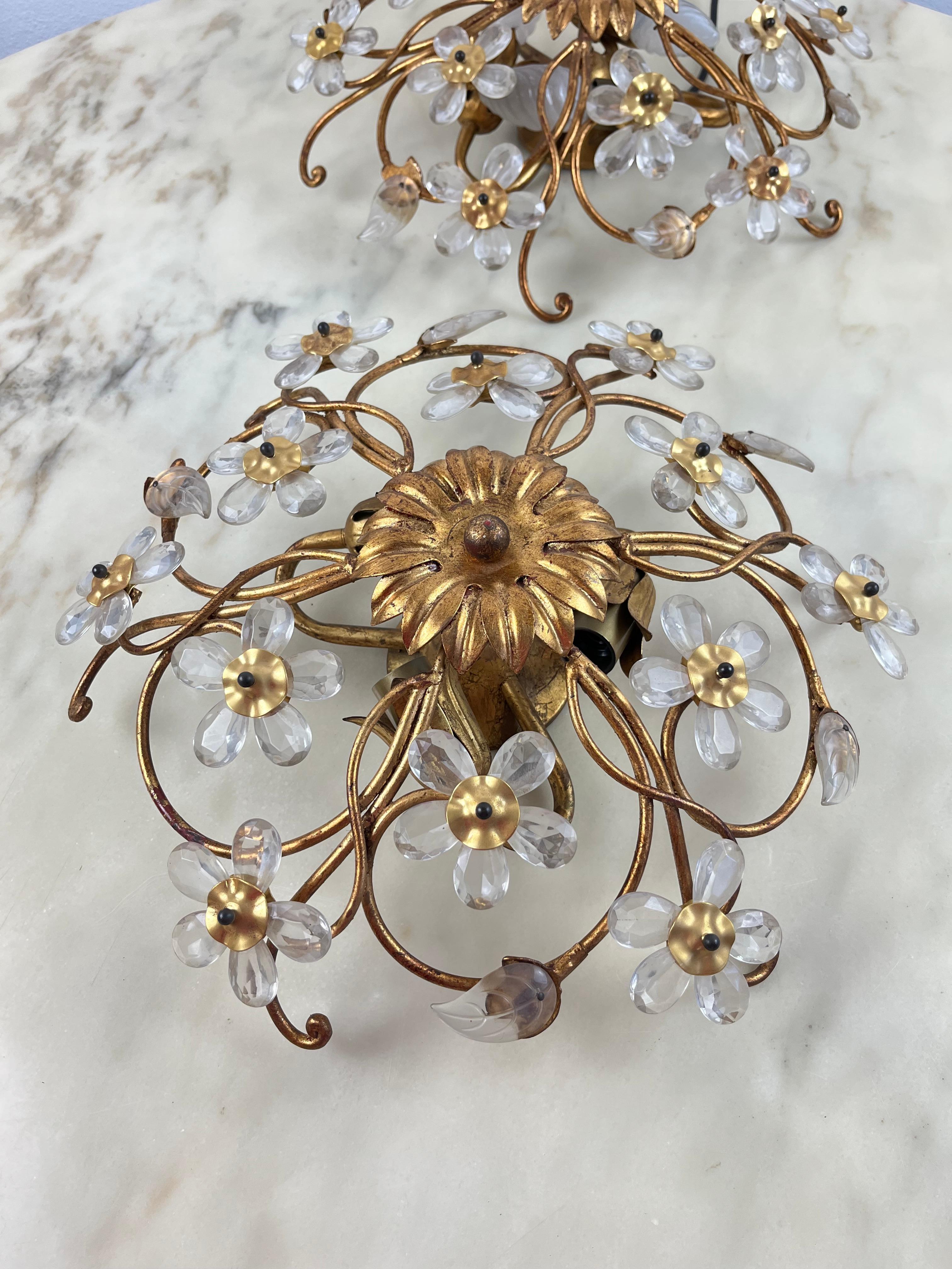 Pair of Wrought Iron and Crystal Ceiling Lights, three lights, Italy, 1960s 1