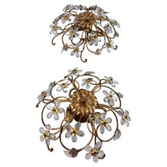 Pair of Wrought Iron and Crystal Ceiling Lights, three lights, Italy, 1960s