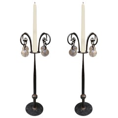 Pair of Wrought Iron and Glass Candlesticks