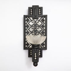 Pair of Wrought Iron and Glass Sconces, Art Deco Period, France, circa 1930