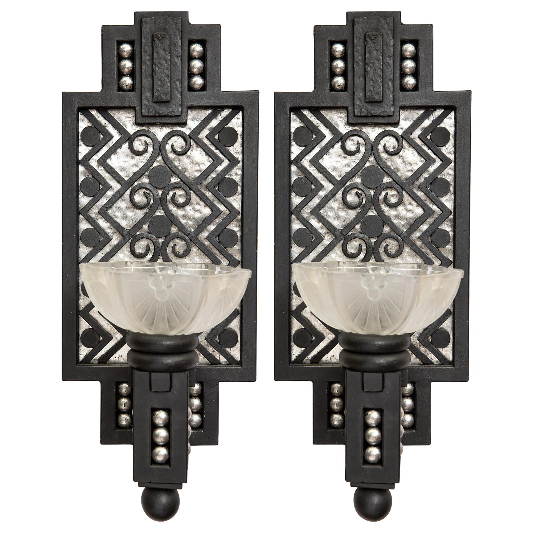 Pair of Wrought Iron and Glass Sconces, Art Deco Period, France, circa 1930