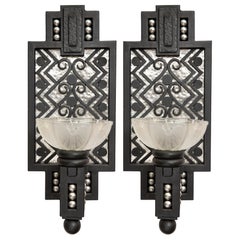 Pair of Wrought Iron and Glass Sconces, Art Deco Period, France, circa 1930