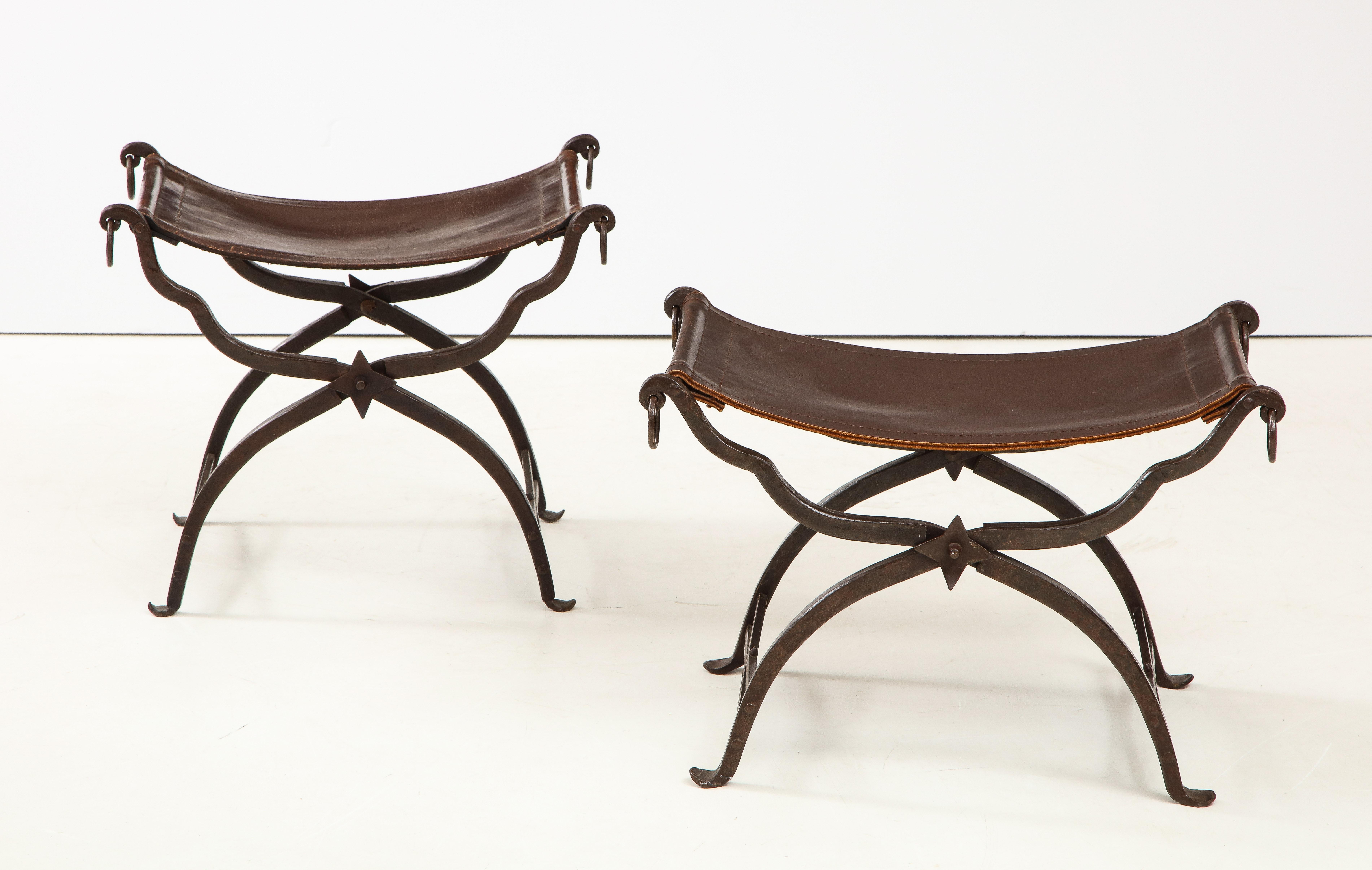 Pair of Wrought Iron and Leather Curule Stools by Morgan Colt 7