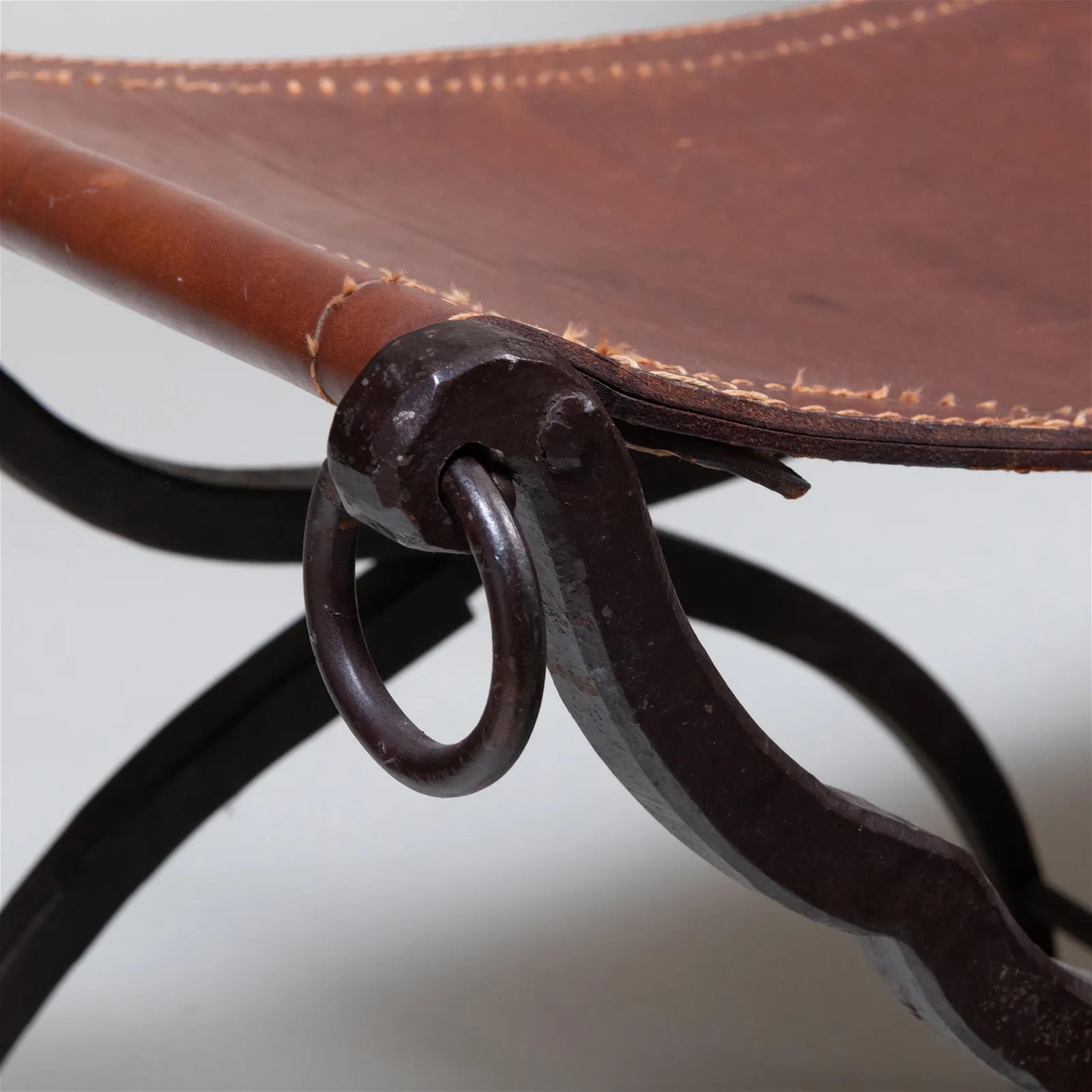 Pair of Wrought Iron and Leather Curule Stools by Morgan Colt.