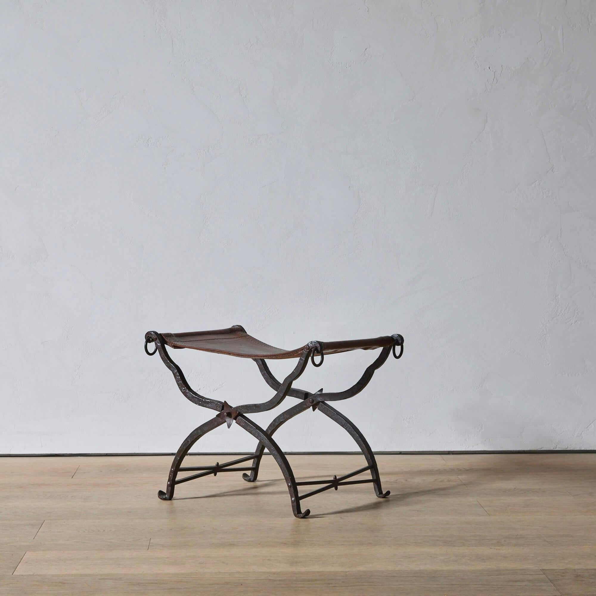 American Pair of Wrought Iron and Leather Curule Stools by Morgan Colt For Sale