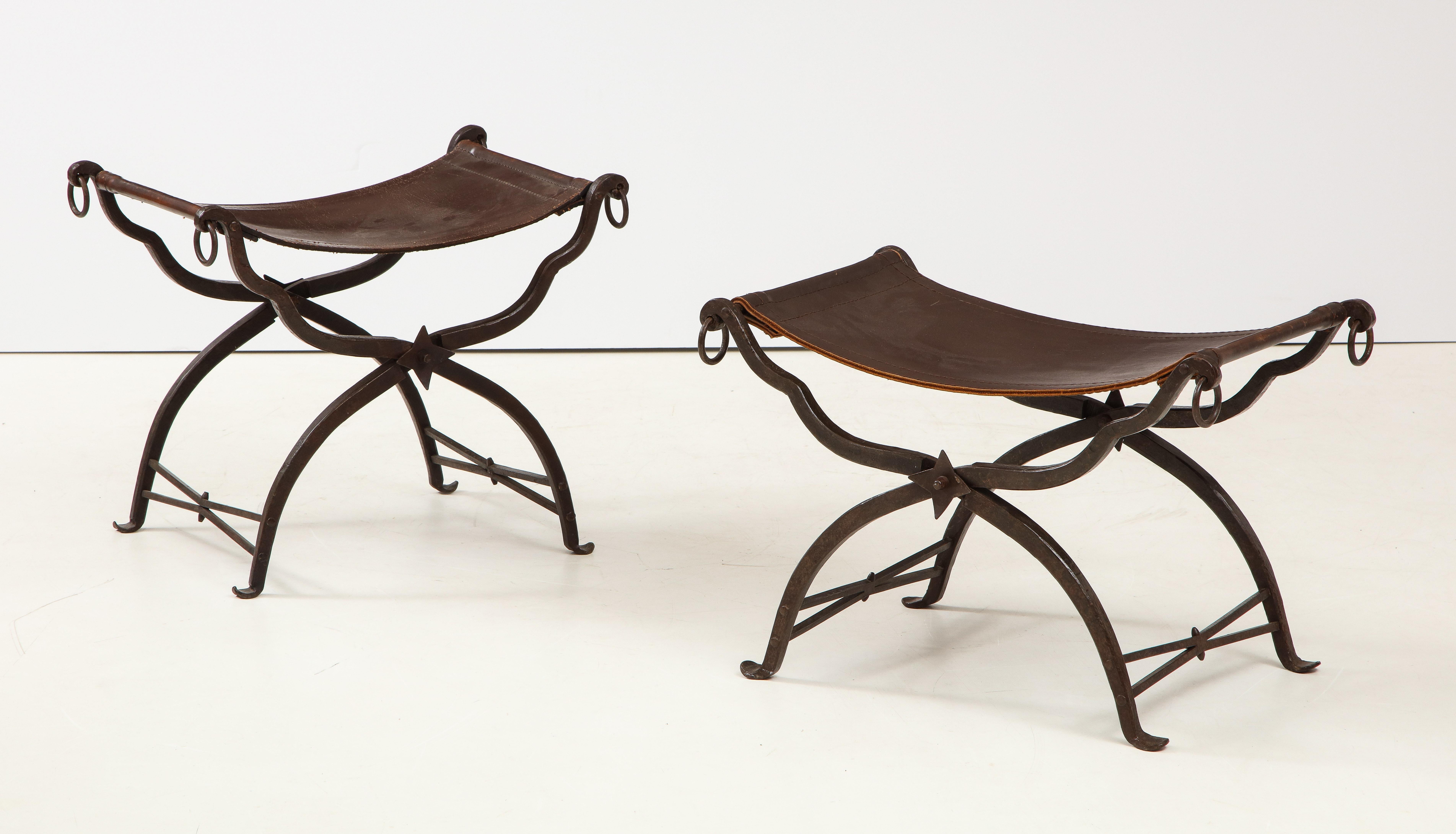 Pair of Wrought Iron and Leather Curule Stools by Morgan Colt In Good Condition In Montreal, QC
