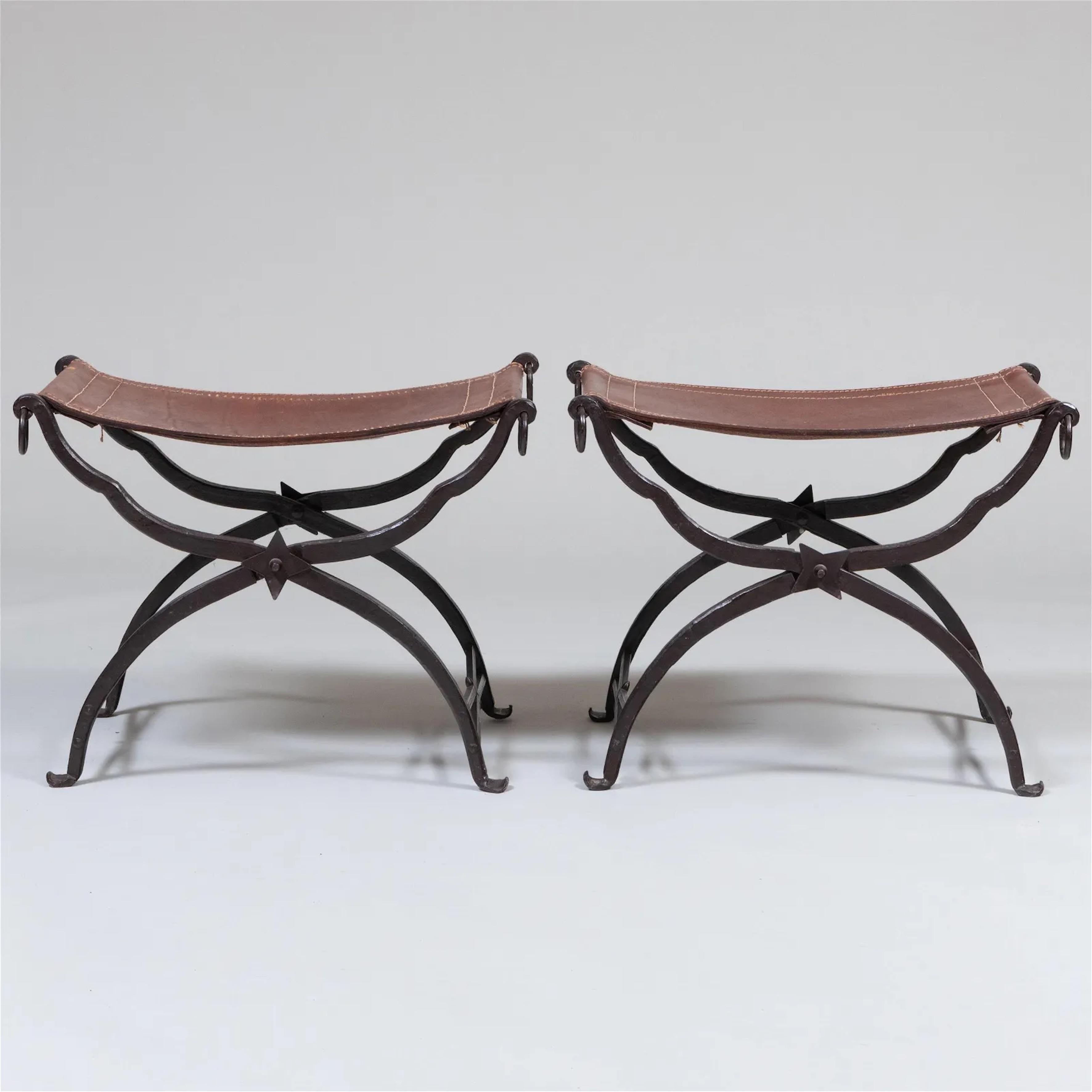 Pair of Wrought Iron and Leather Curule Stools by Morgan Colt In Good Condition For Sale In Montreal, QC
