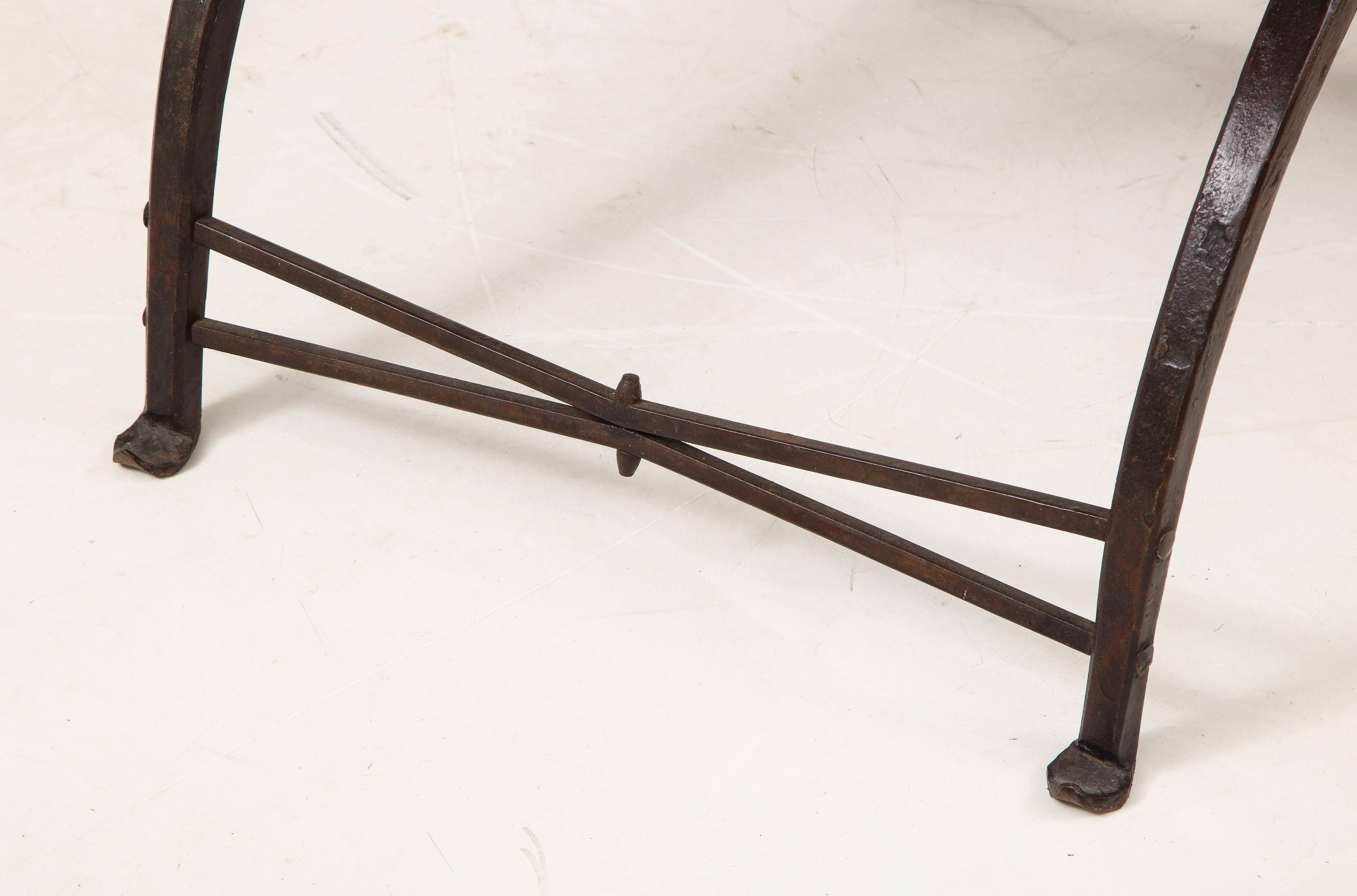 Early 20th Century Pair of Wrought Iron and Leather Curule Stools by Morgan Colt