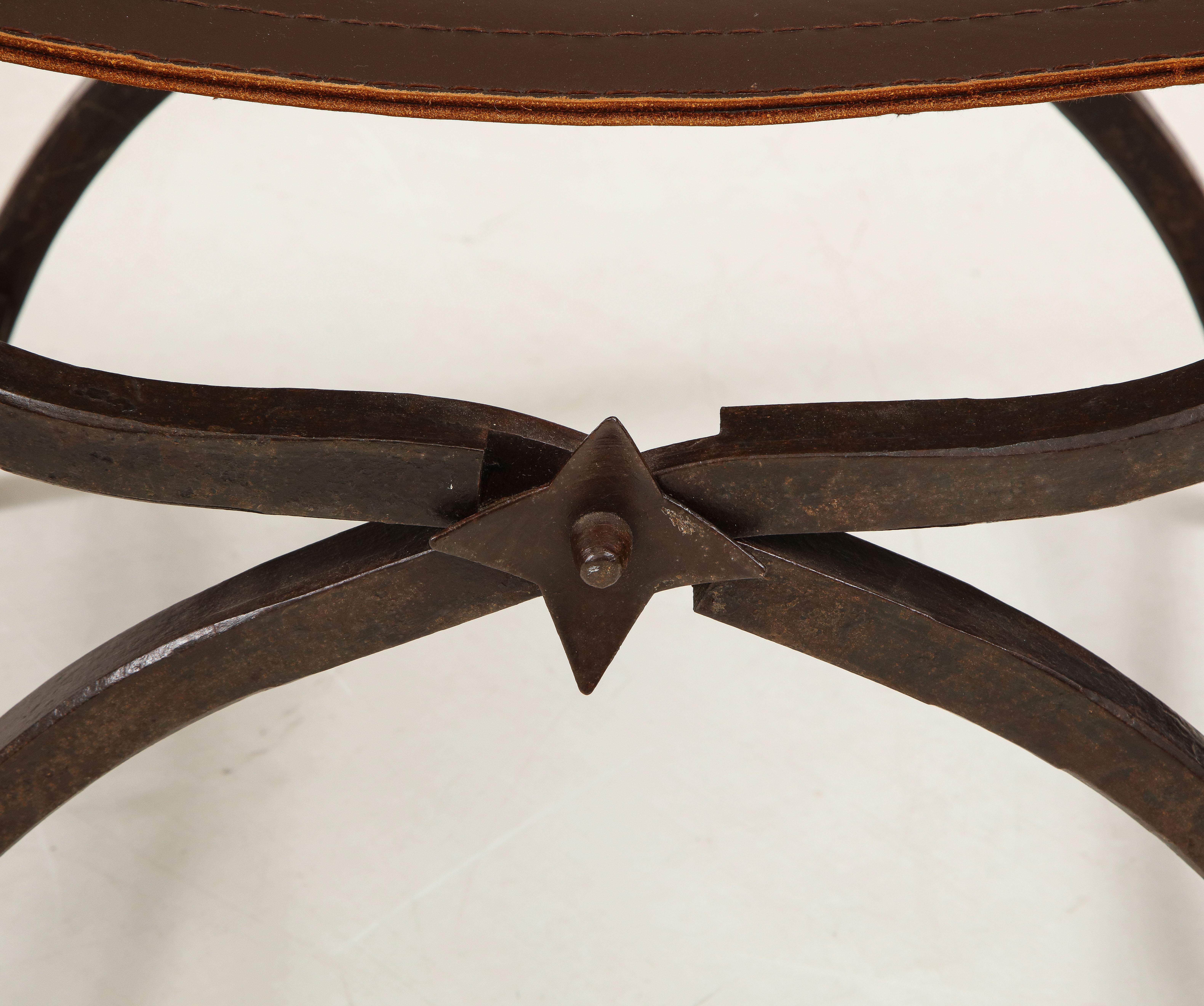 Pair of Wrought Iron and Leather Curule Stools by Morgan Colt 1