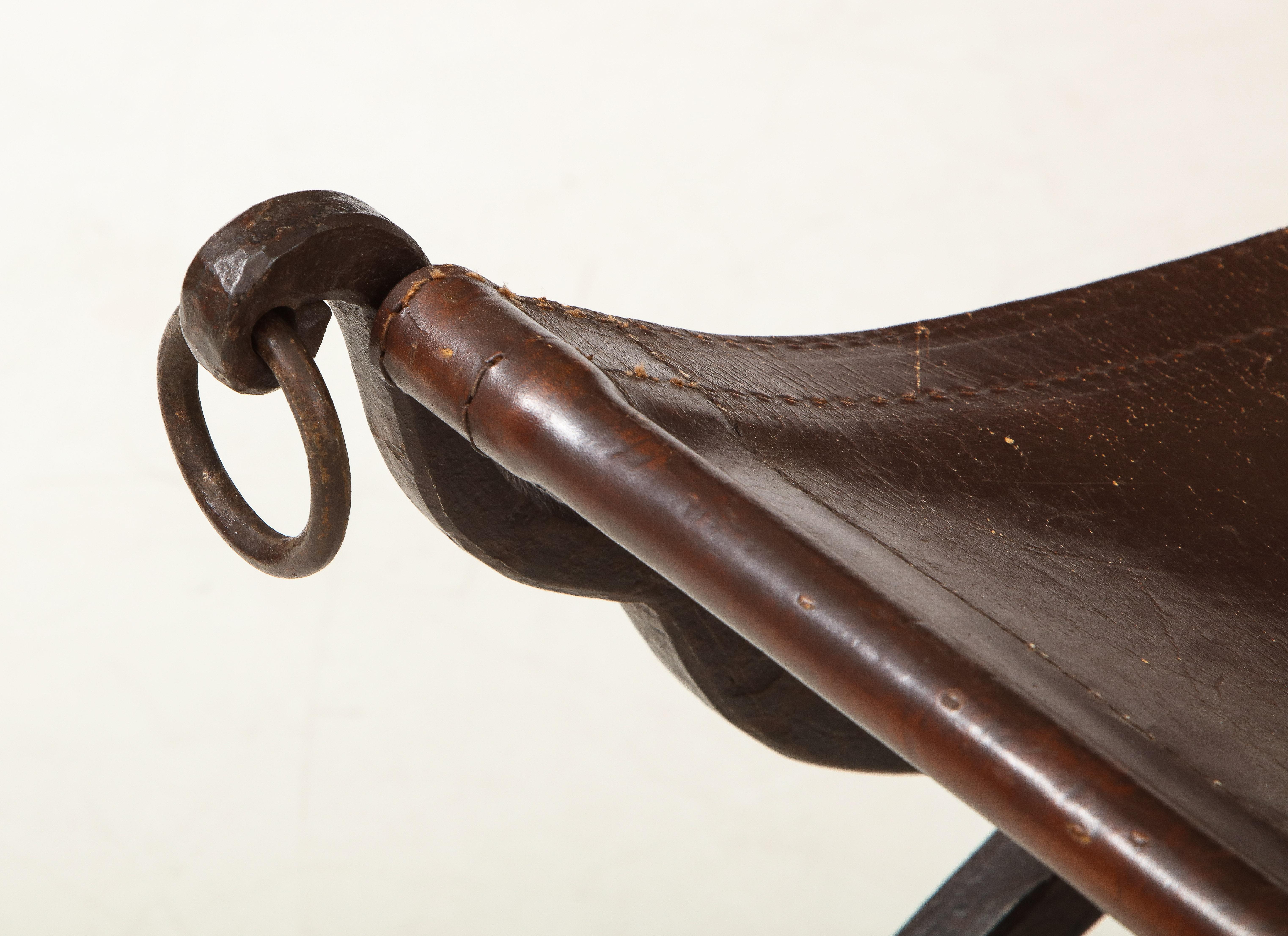 Early 20th Century Pair of Wrought Iron and Leather Curule Stools by Morgan Colt
