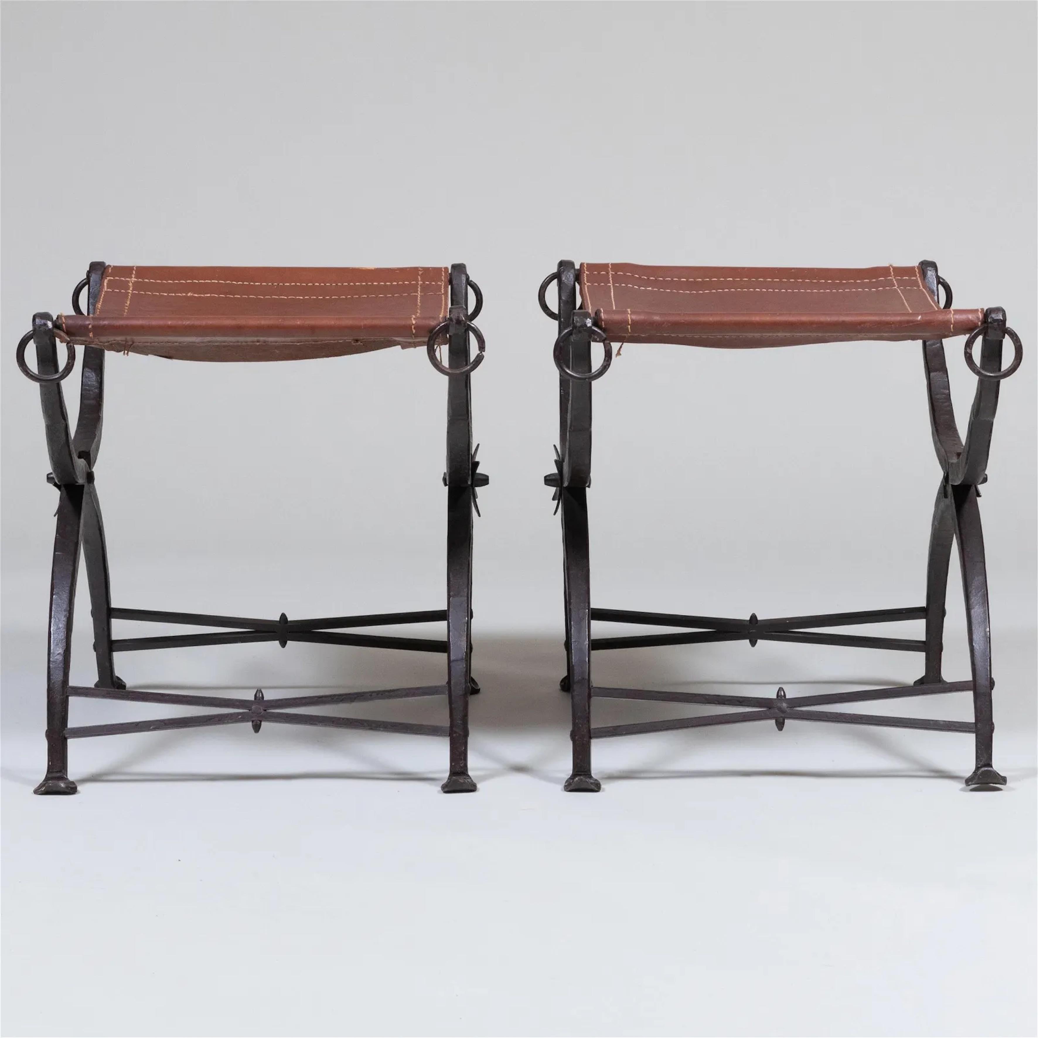 Pair of Wrought Iron and Leather Curule Stools by Morgan Colt For Sale 2
