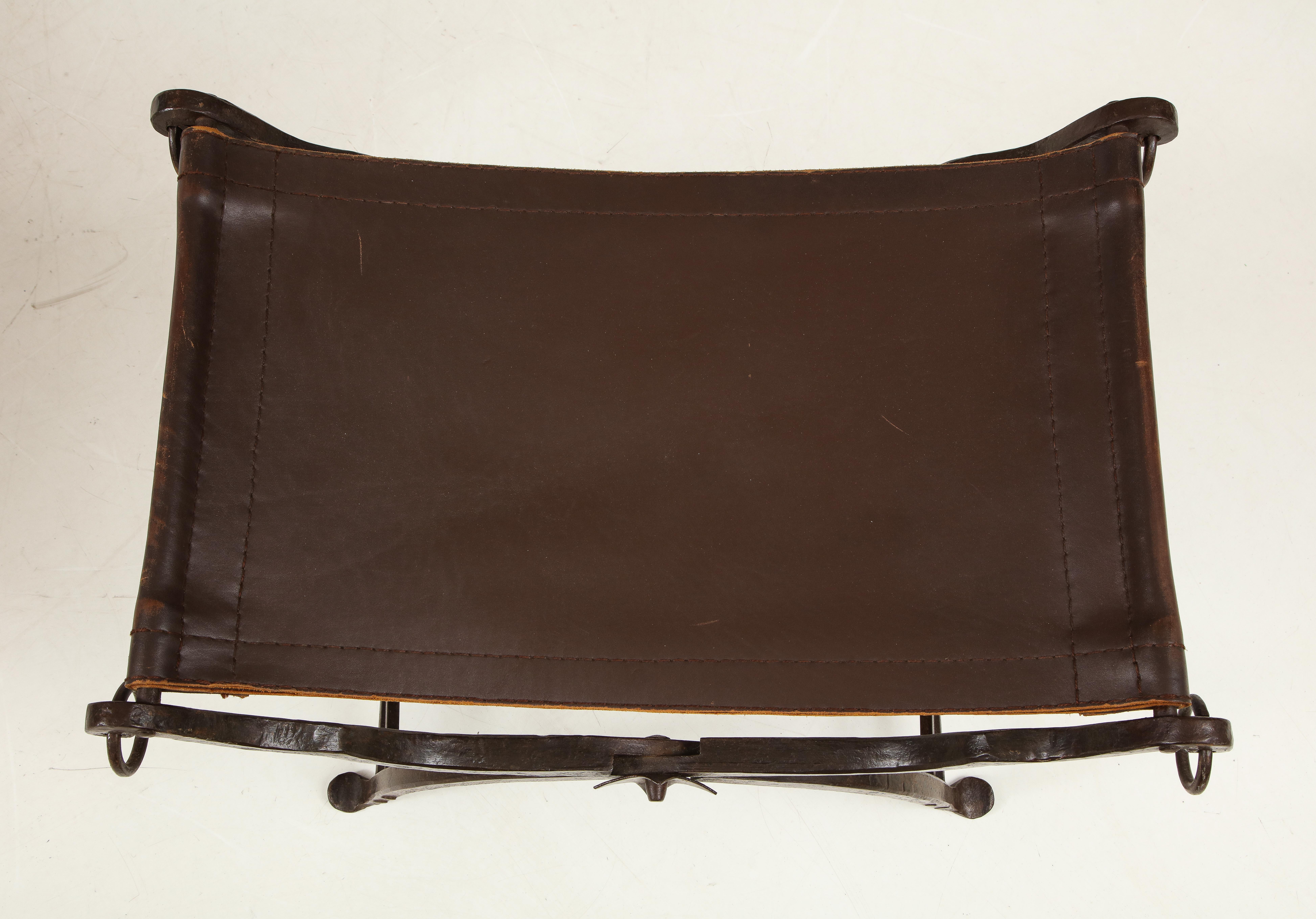 Pair of Wrought Iron and Leather Curule Stools by Morgan Colt 1