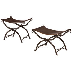 Pair of Wrought Iron and Leather Curule Stools by Morgan Colt