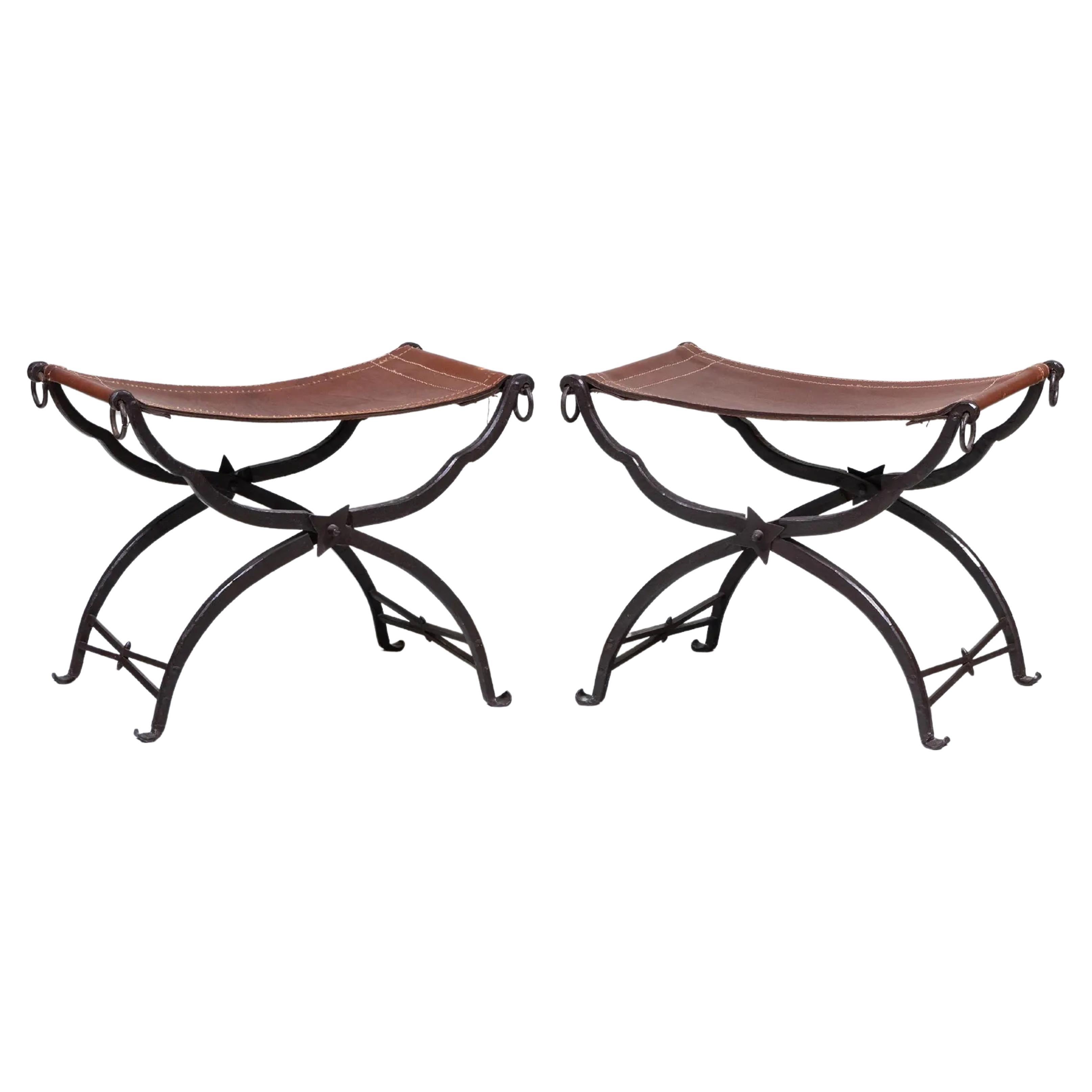 Pair of Wrought Iron and Leather Curule Stools by Morgan Colt For Sale