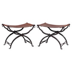 Pair of Wrought Iron and Leather Curule Stools by Morgan Colt
