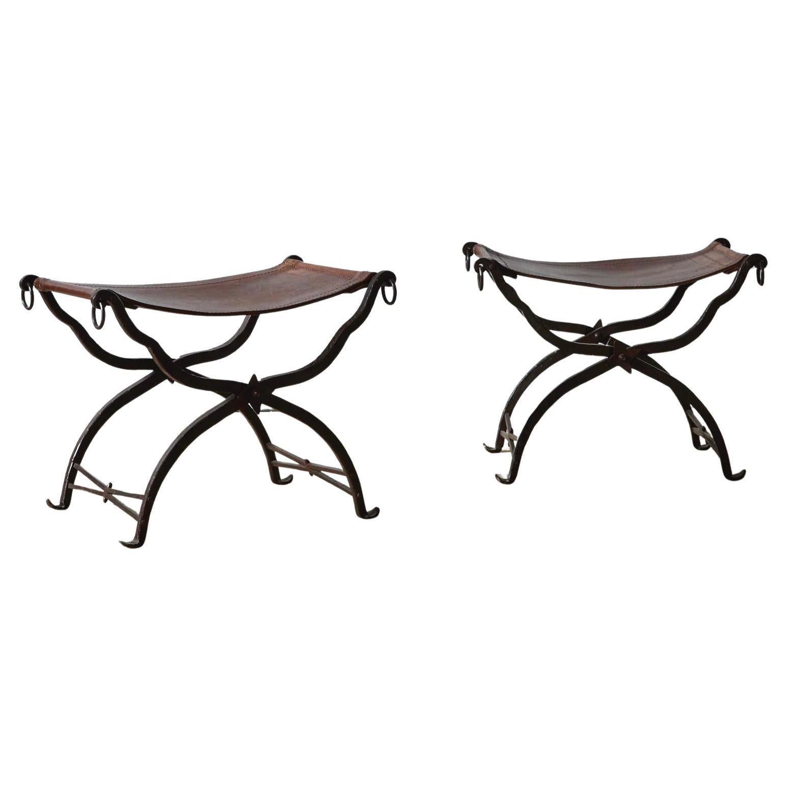 Pair of Wrought Iron and Leather Curule Stools by Morgan Colt For Sale