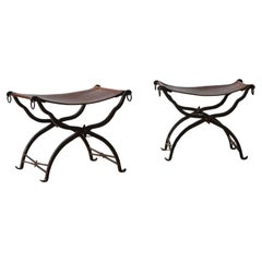 Pair of Wrought Iron and Leather Curule Stools by Morgan Colt