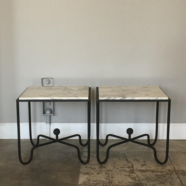 Modern Pair of Wrought Iron and Marble 'Entretoise' Side Tables by Design Frères For Sale