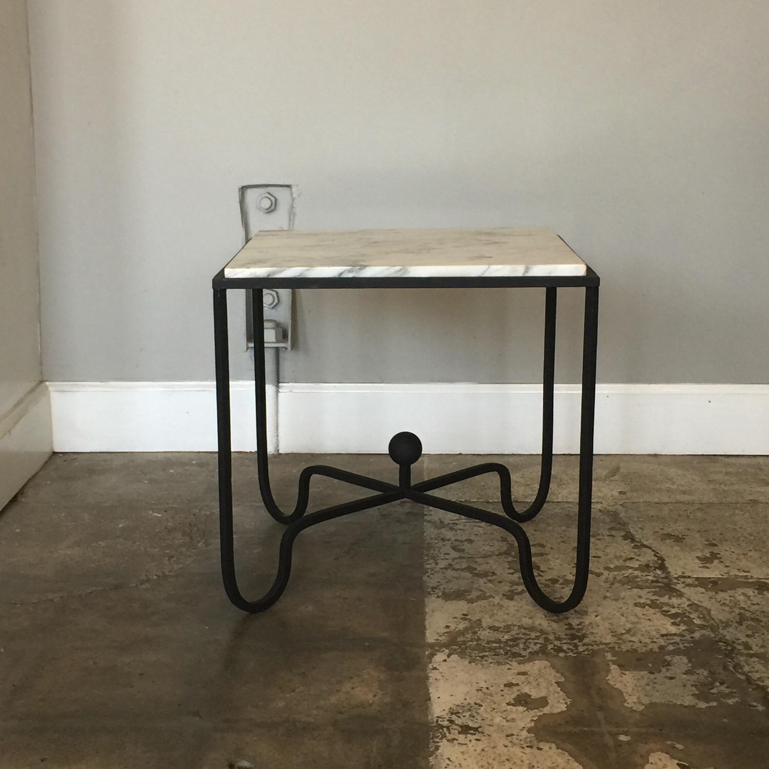 French Pair of Wrought Iron and Marble 'Entretoise' Side Tables by Design Frères For Sale