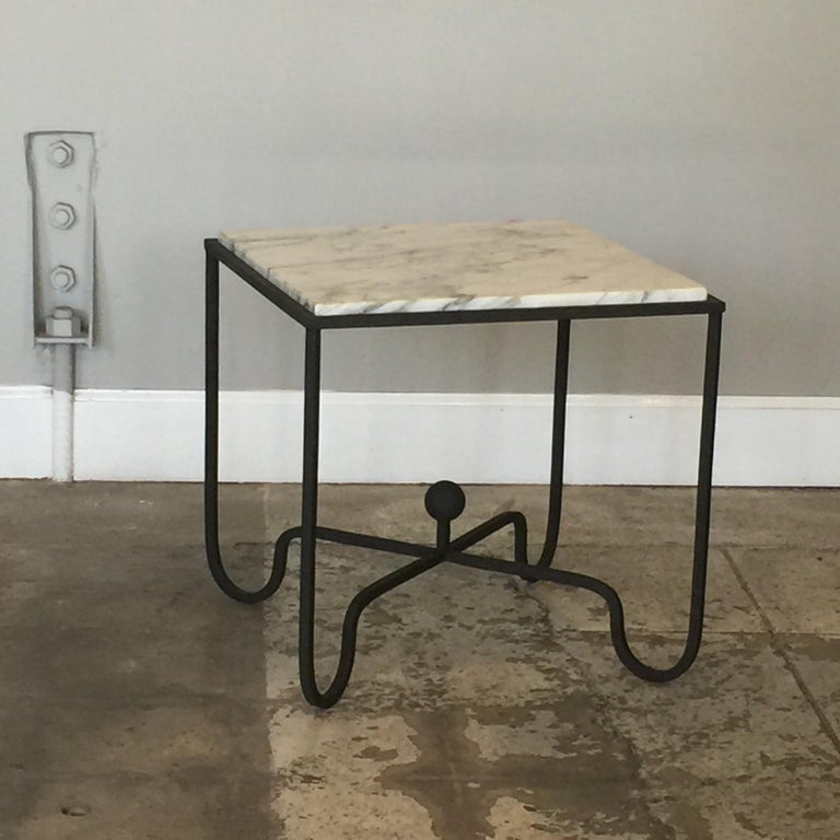 Polished Pair of Wrought Iron and Marble 'Entretoise' Side Tables by Design Frères For Sale