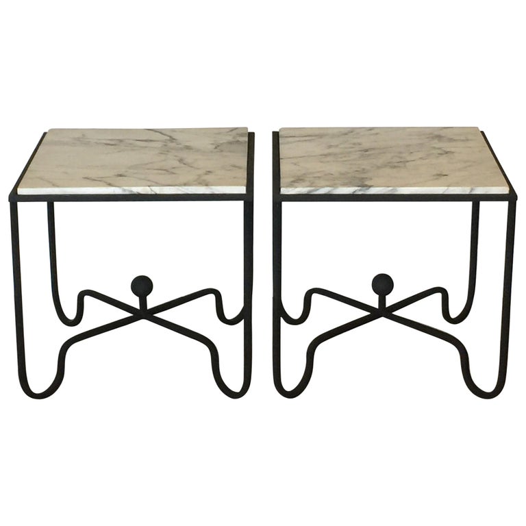 Pair of Wrought Iron and Marble 'Entretoise' Side Tables by Design Frères For Sale
