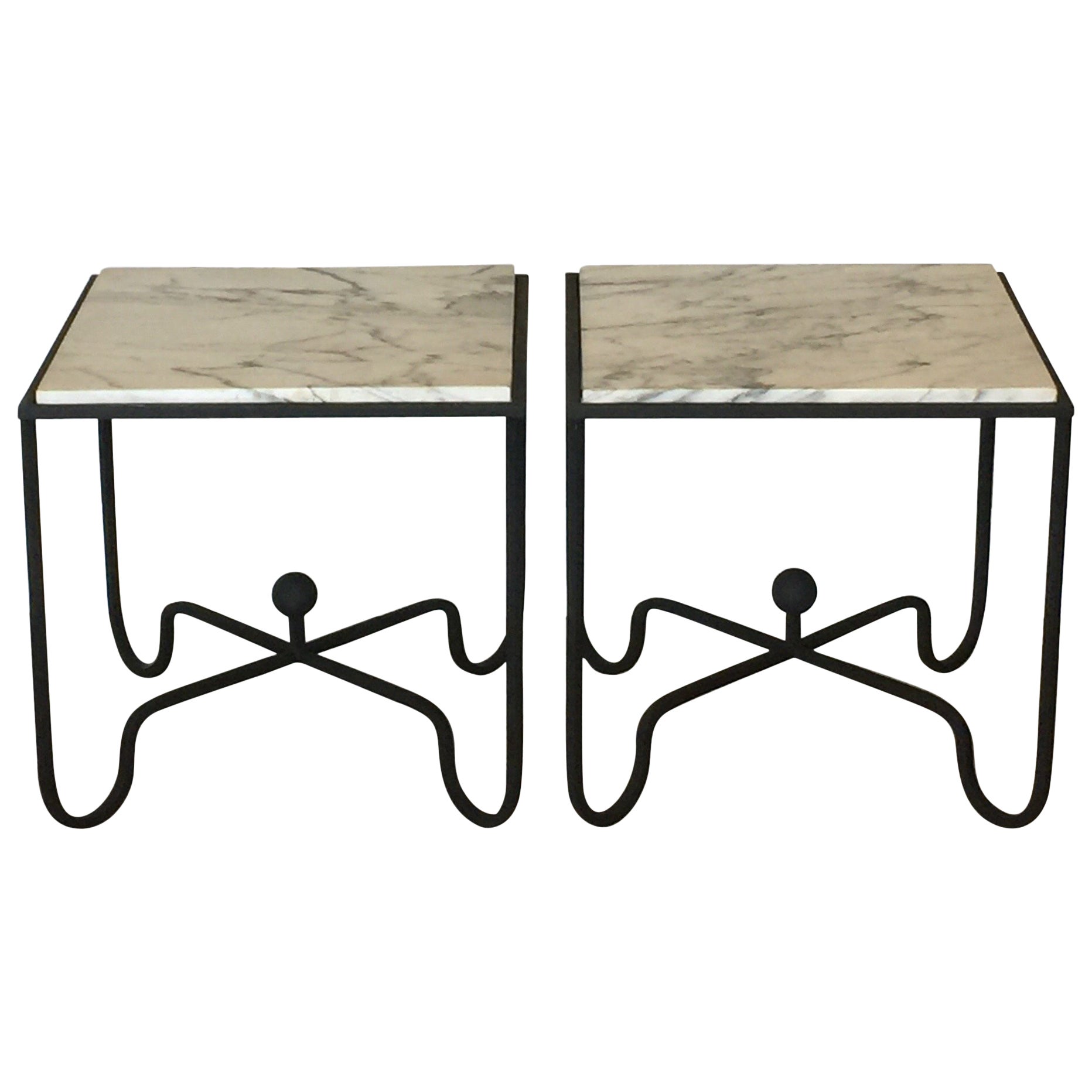 Paire de tables d'appoint en fer forgé et marbre 'Entretoise' par Design Frères en vente