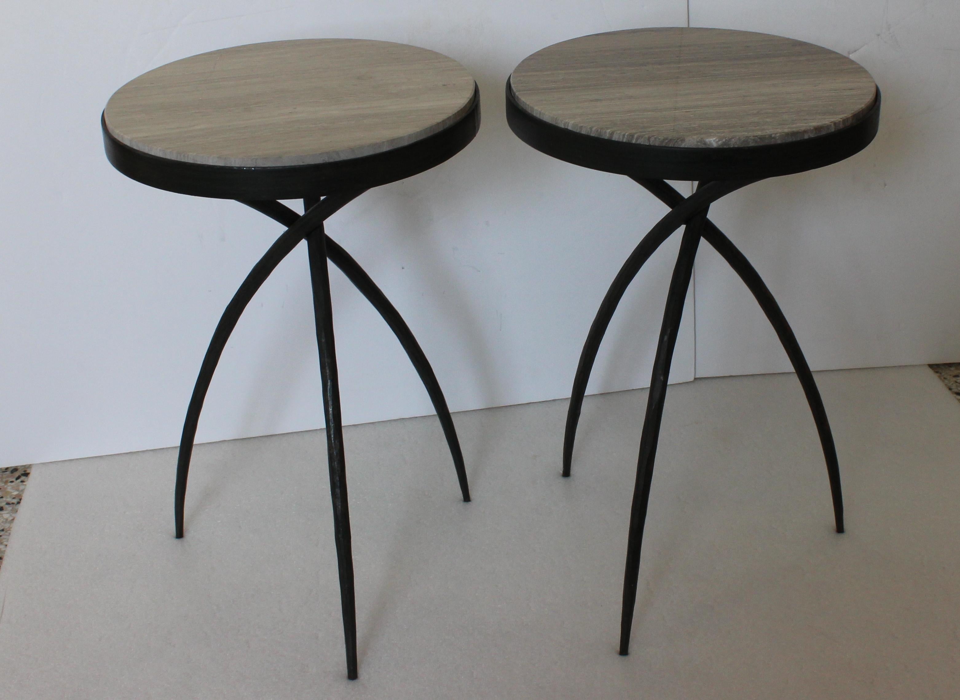 Organic Modern Pair of Wrought Iron and Marble Side Tables For Sale