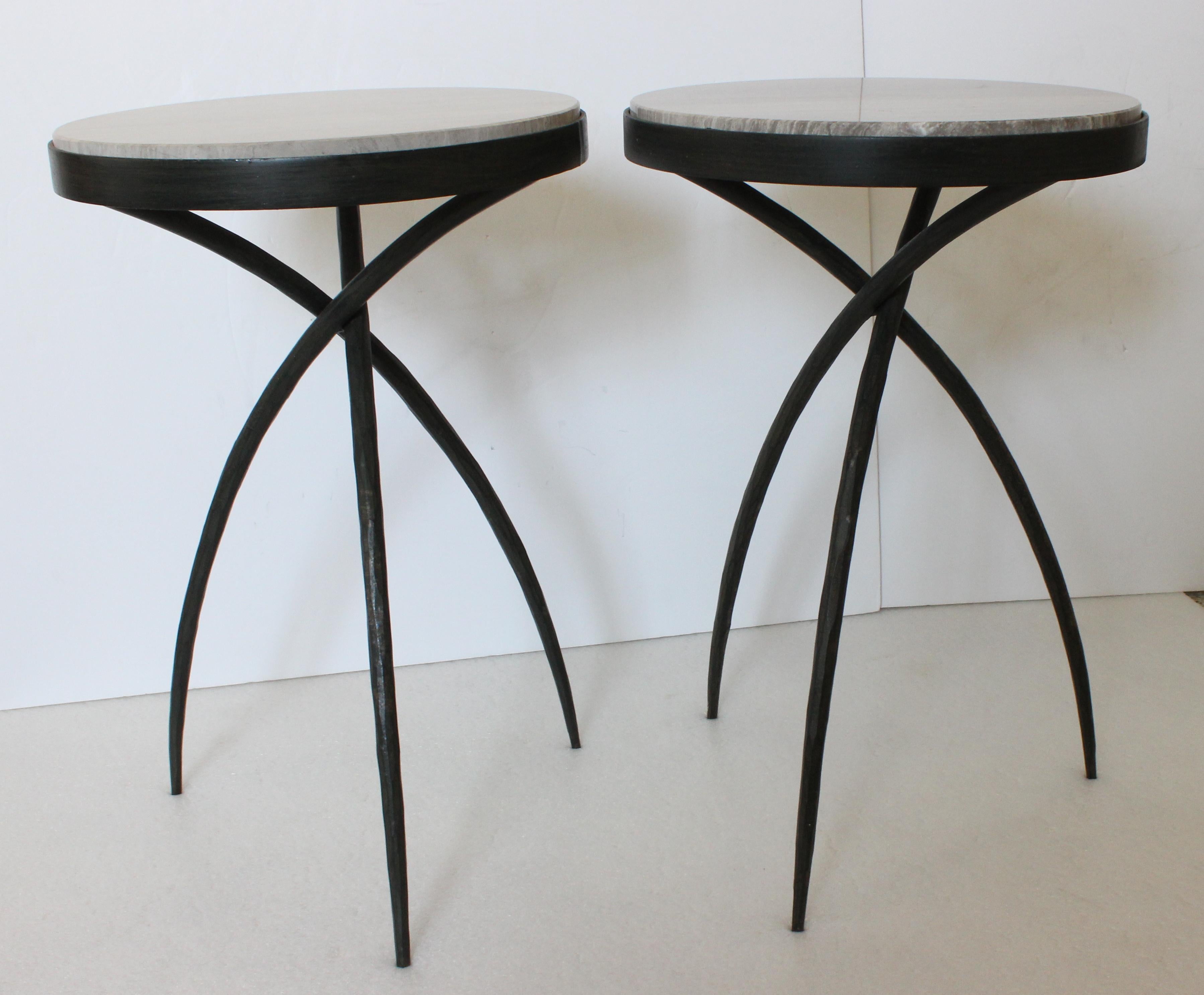 Unknown Pair of Wrought Iron and Marble Side Tables For Sale