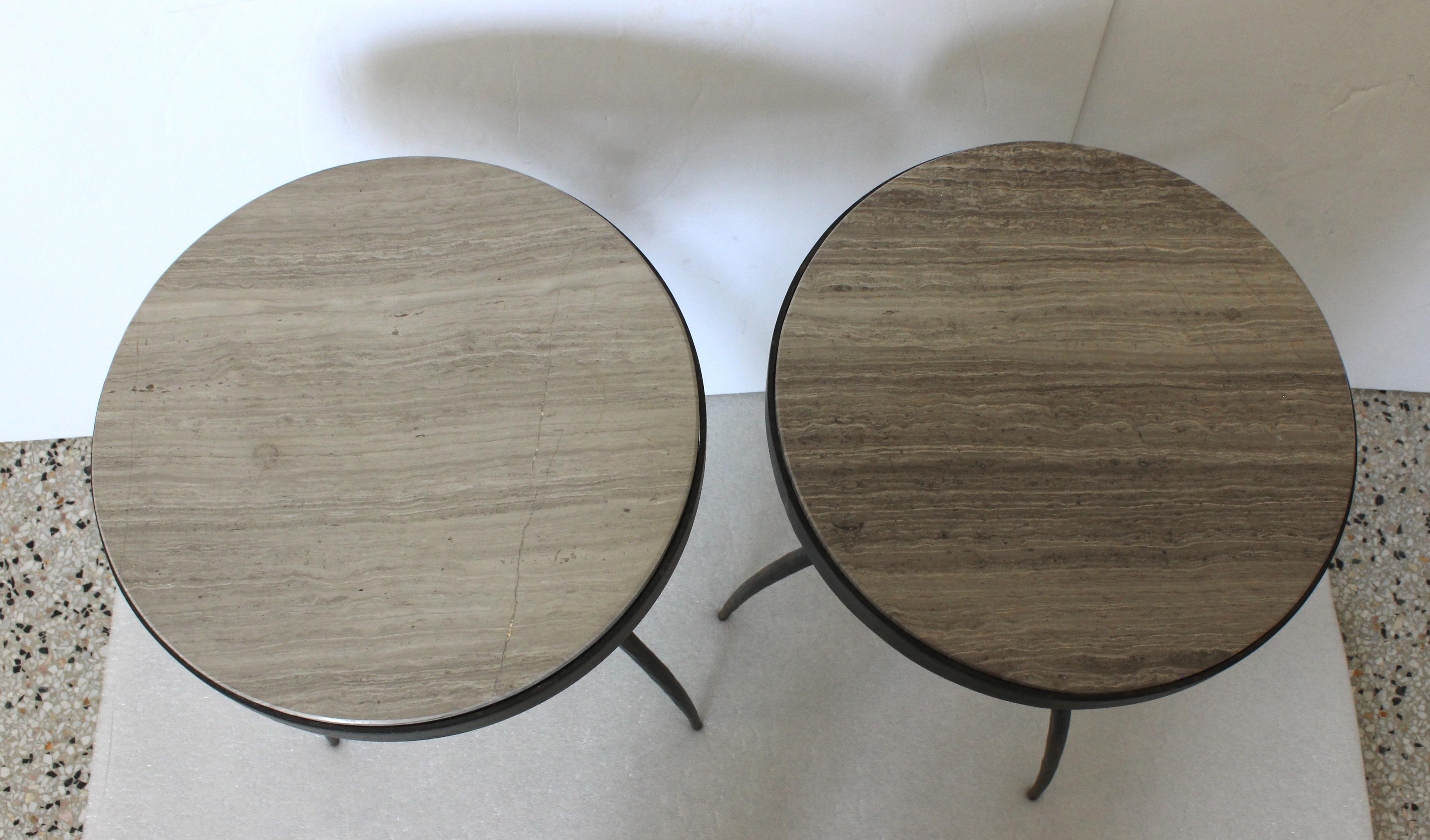 Patinated Pair of Wrought Iron and Marble Side Tables