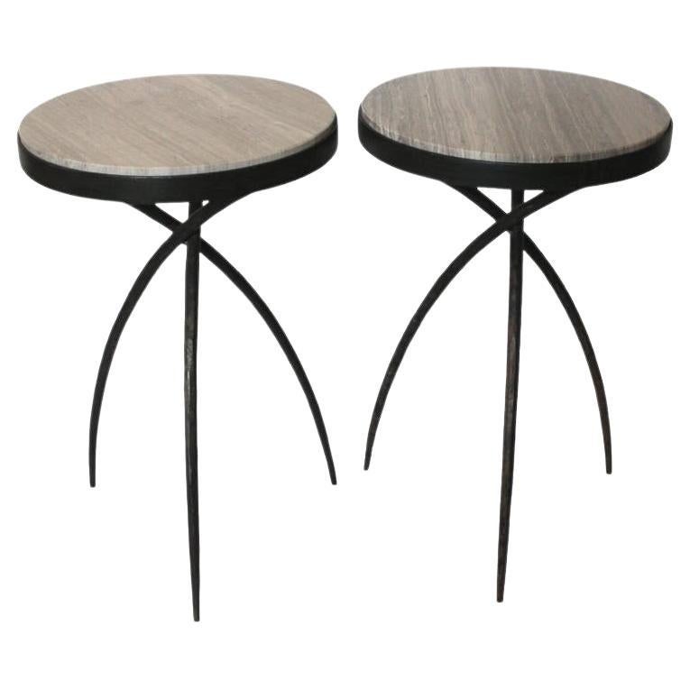 Pair of Wrought Iron and Marble Side Tables For Sale