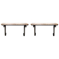 Pair of Wrought Iron and Marble Wall Console Tables, France, circa 1930